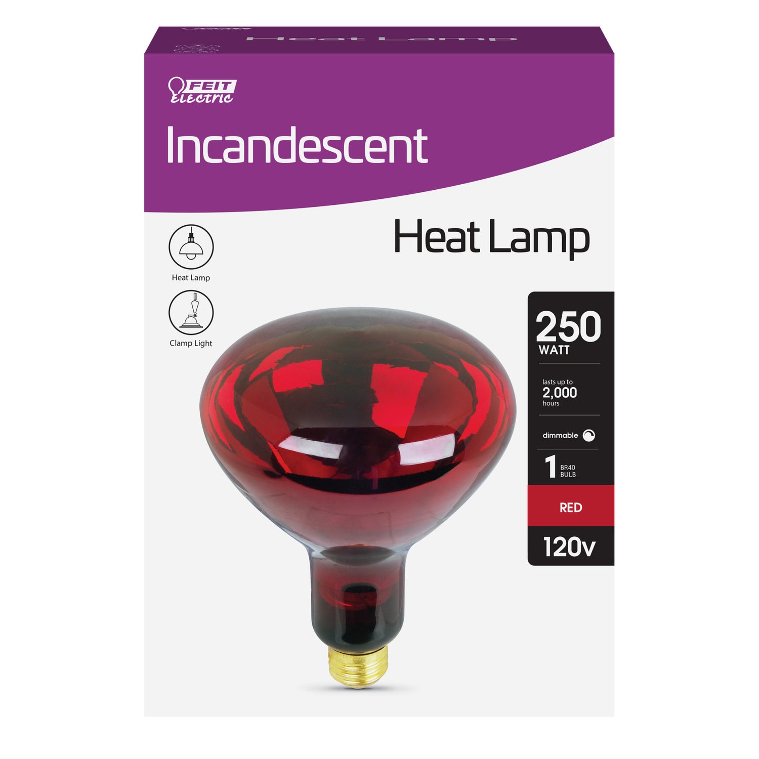 250W Red Incandescent R40 Dimmable Heat Lamp Reflector