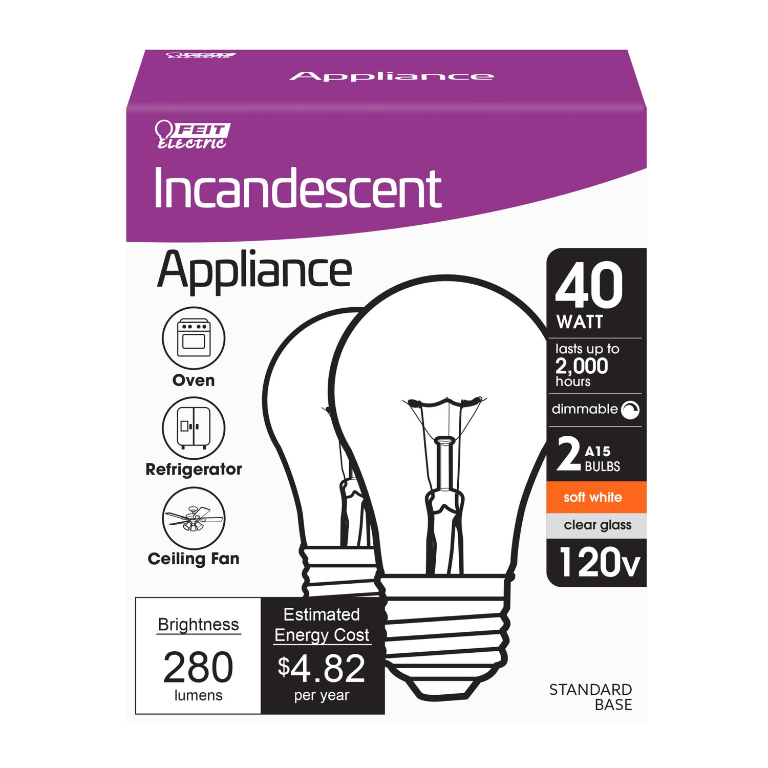 40W Soft White E12 Base Incandescent A15 Appliance Light Bulb (2-Pack)