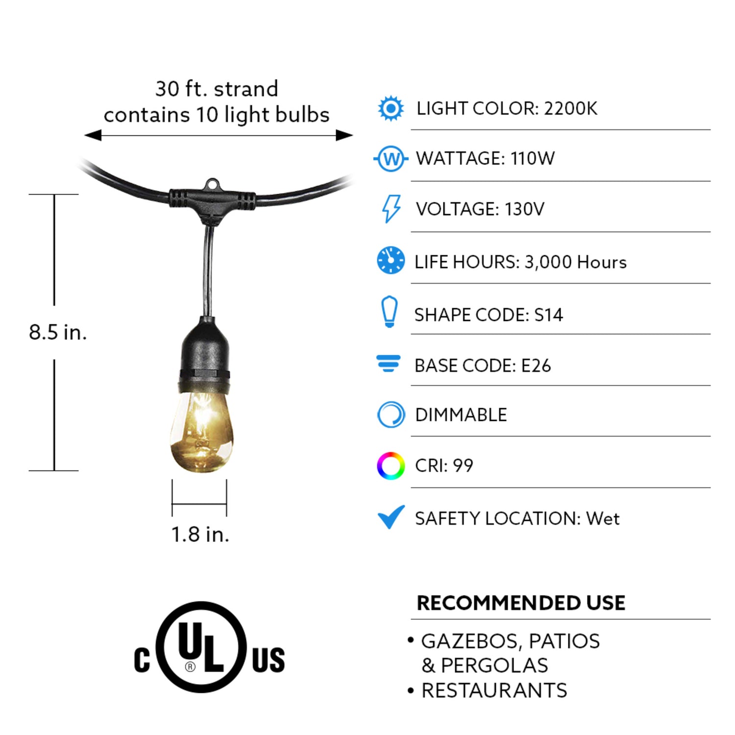 30ft. Amber (2200K) String Lights