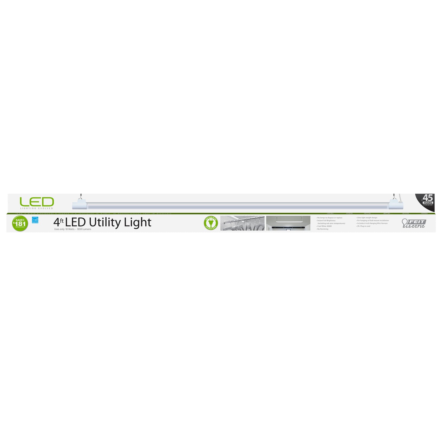 4ft 18W Cool White (4000K) Single LED Utility Light