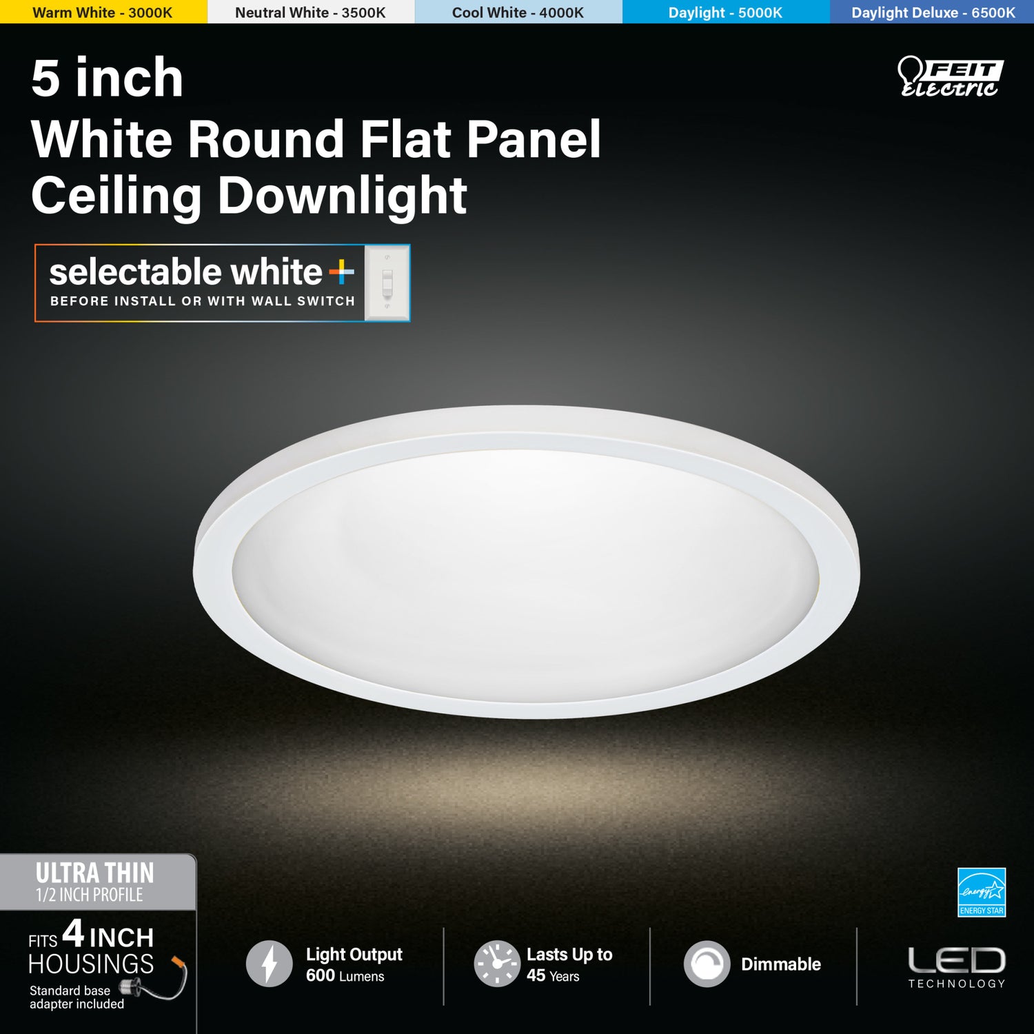 5 in. Round 7.2W (50W Replacement) Selectable White Dimmable LED Flat Panel Ceiling Downlight, White