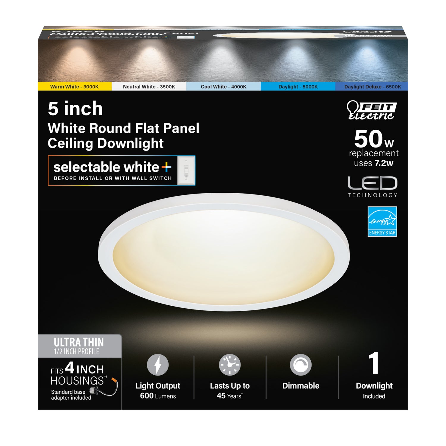 5 in. Round 7.2W (50W Replacement) Selectable White Dimmable LED Flat Panel Ceiling Downlight, White