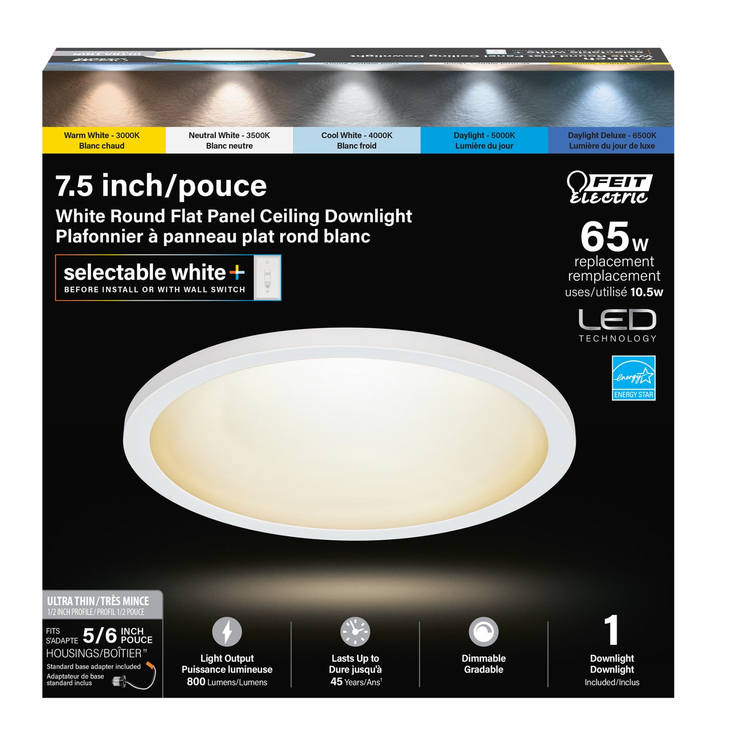 7.5 in. 10.5W (65W Replacement) Color Selectable (5CCT) White Round Flat Panel Ceiling Downlight