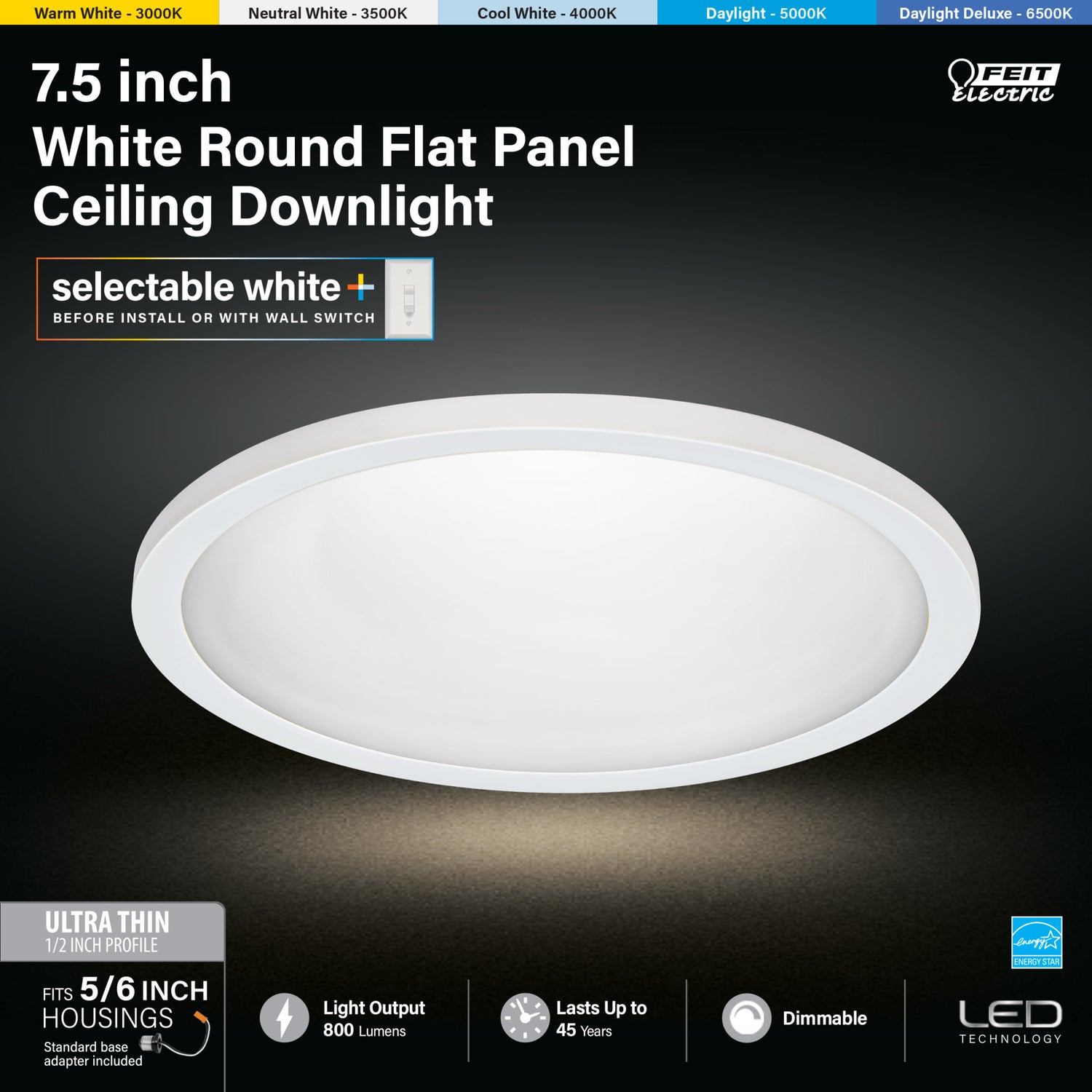 7.5 in. 10.5W (65W Replacement) Color Selectable (5CCT) White Round Flat Panel Ceiling Downlight