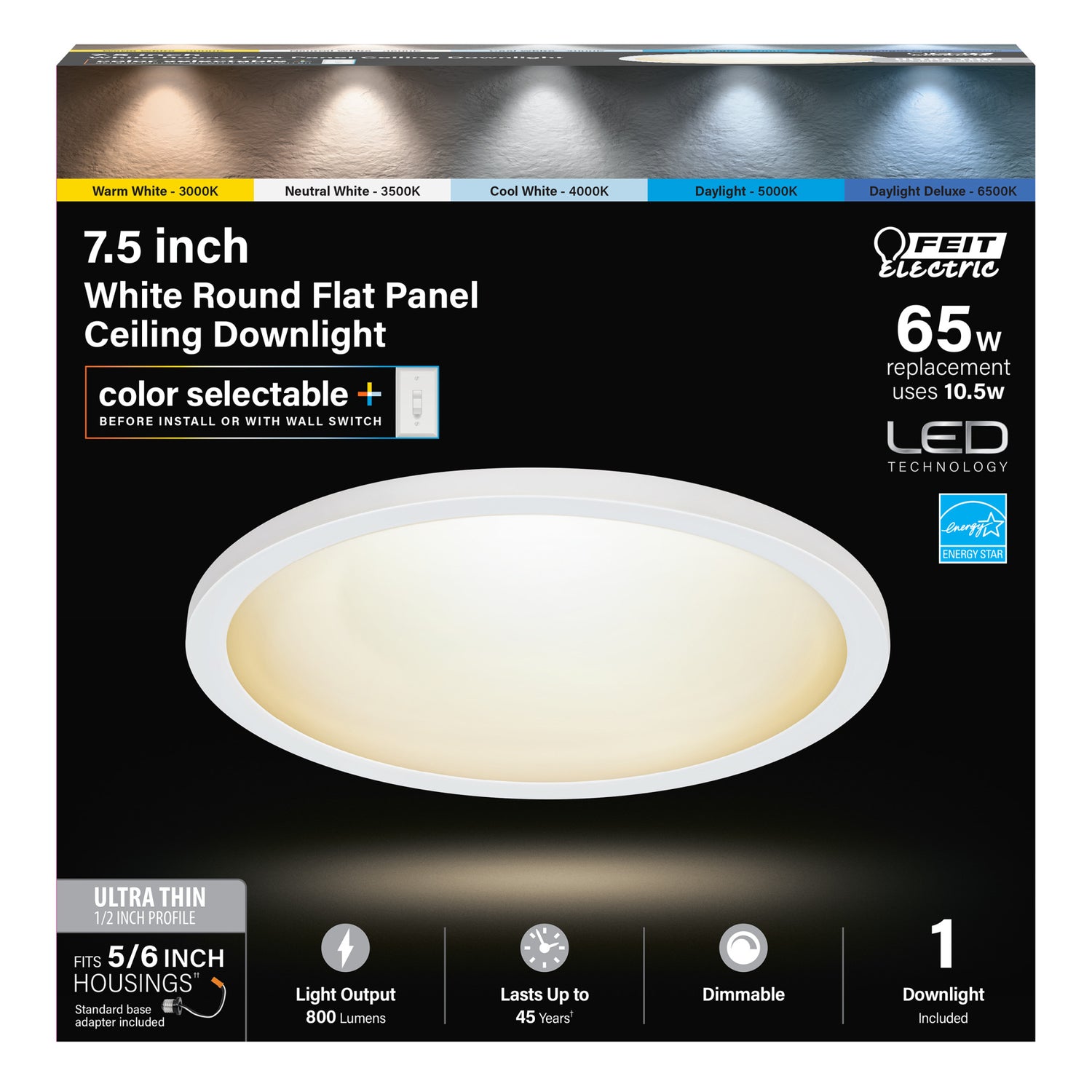 7.5 in. 10.5W (65W Replacement) Color Selectable (5CCT) White Round Flat Panel Ceiling Downlight