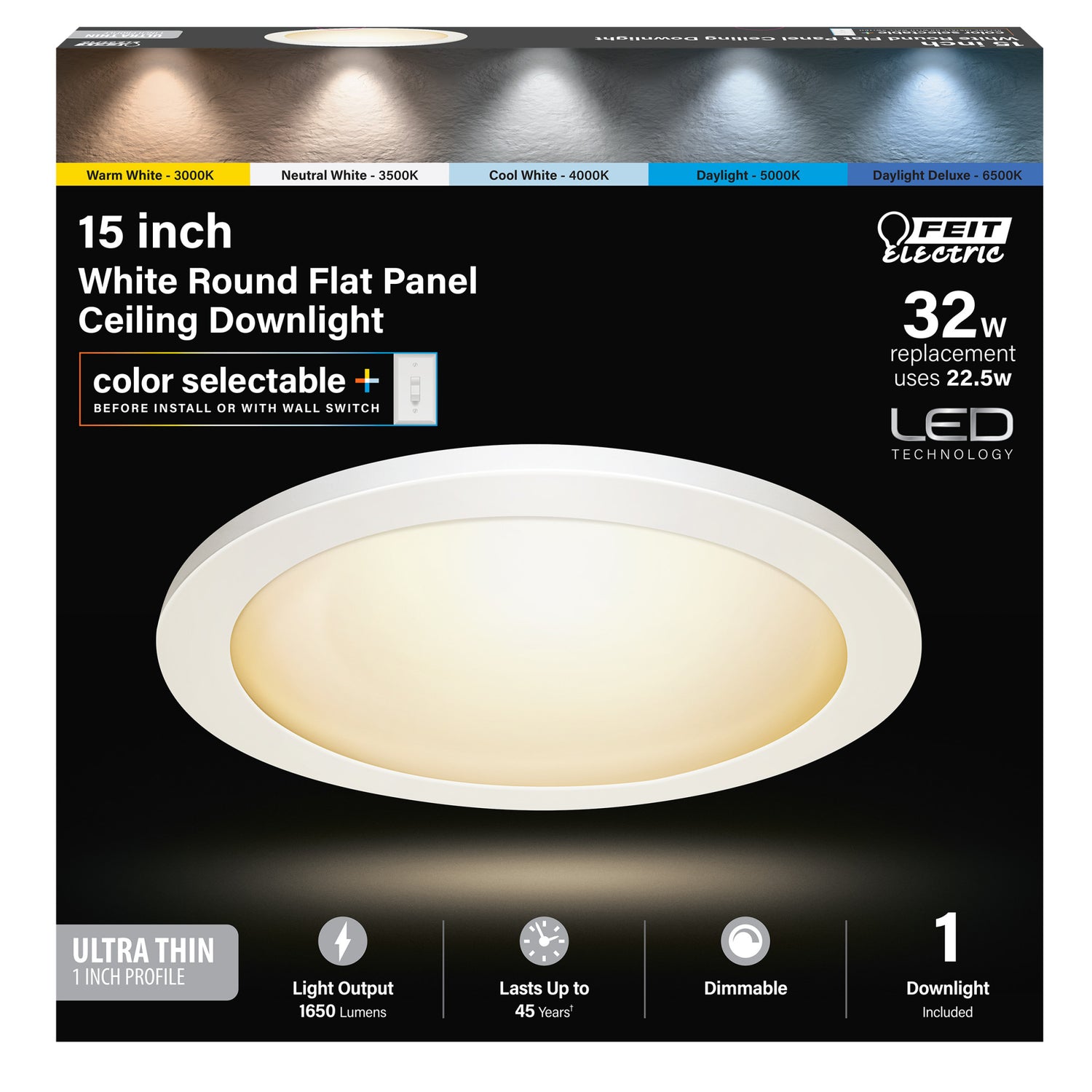 15 in. 22.5W (32W Replacement) Selectable White (5CCT) White Round Flat Panel Ceiling Downlight