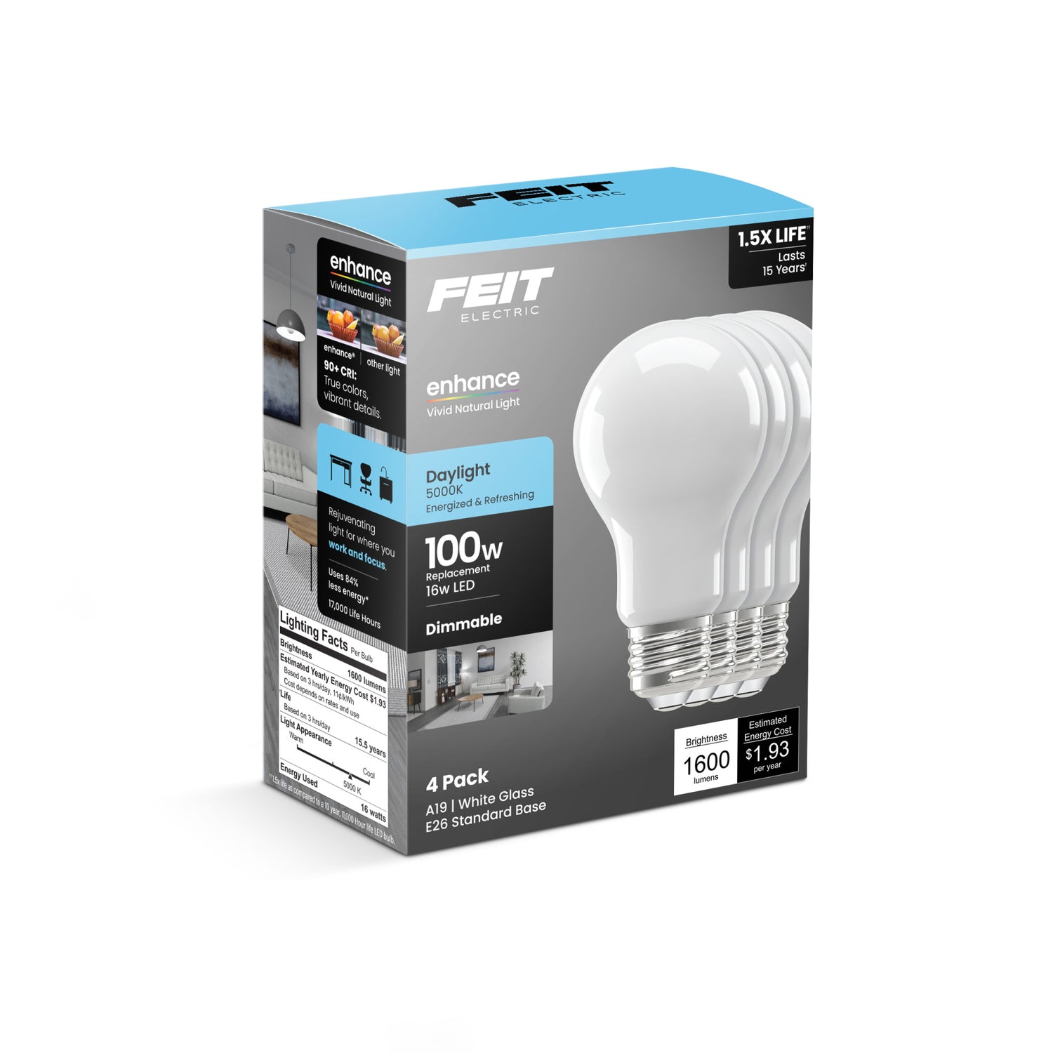 16W (100W Replacement) Daylight (5000K) A19 E26 Base Dimmable Frosted Enhance LED Bulb (4-Pack)