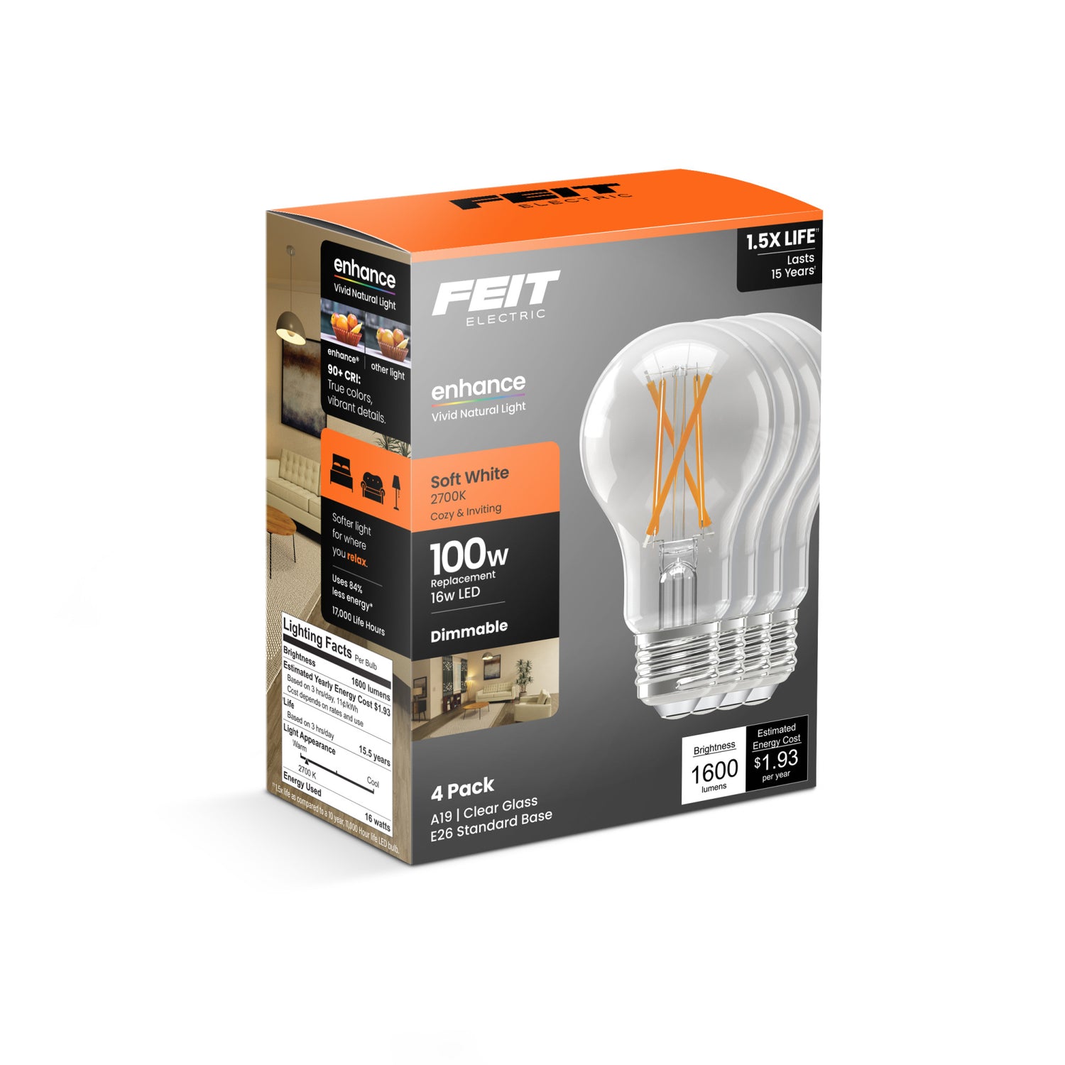 16W (100W Equivalent) Soft White (2700K) A19 Dimmable General Purpose Clear Glass Filament Enhance LED (4-Pack)