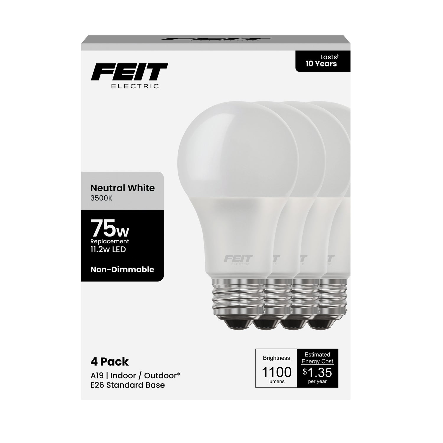 11.2W (75W Replacement) Neutral White (3500K) E26 Base A19 Non-Dimmable General Purpose LED Bulb (4-Pack)