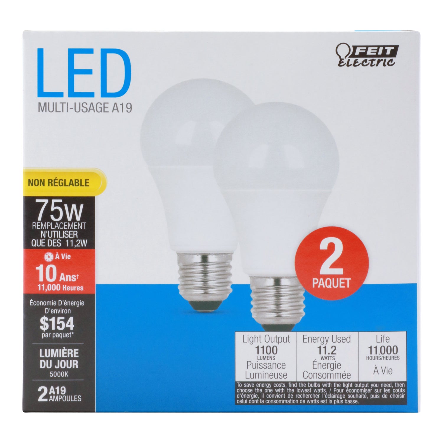 11.2W (75W Replacement) Daylight (5000K) E26 Base A19 General Purpose LED Bulb (2-Pack)