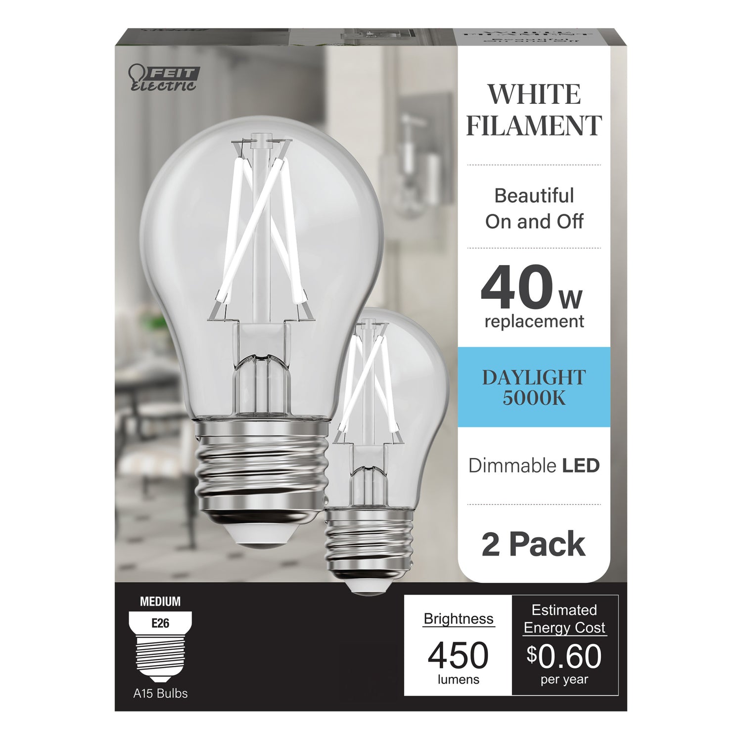 5W (40W Replacement) Daylight (5000K) A15 E26 Base Exposed White Filament LED Light Bulb (2-Pack)