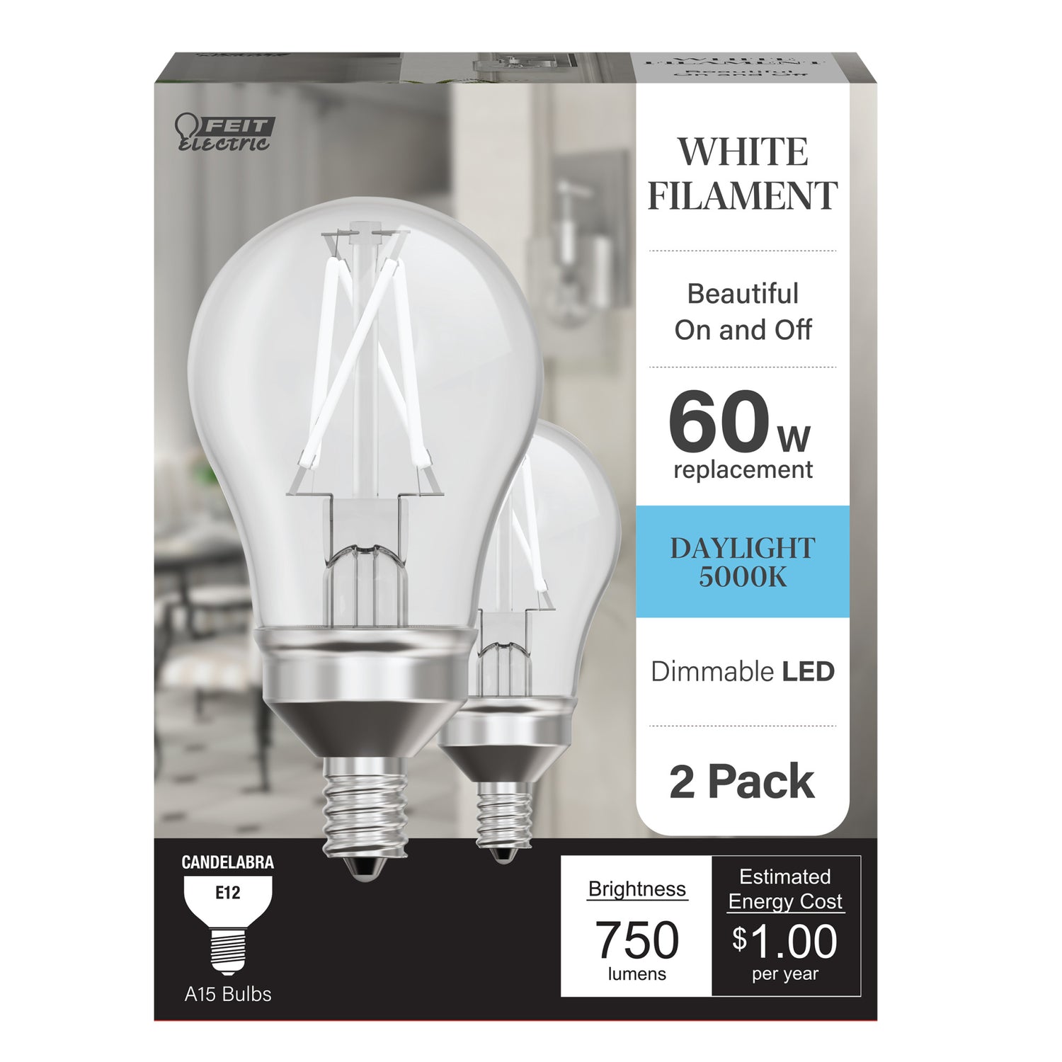 8.3W (60W Replacement) Daylight (5000K) A15 E12 Chandelier Base Exposed White Filament LED Light Bulb (2-Pack)