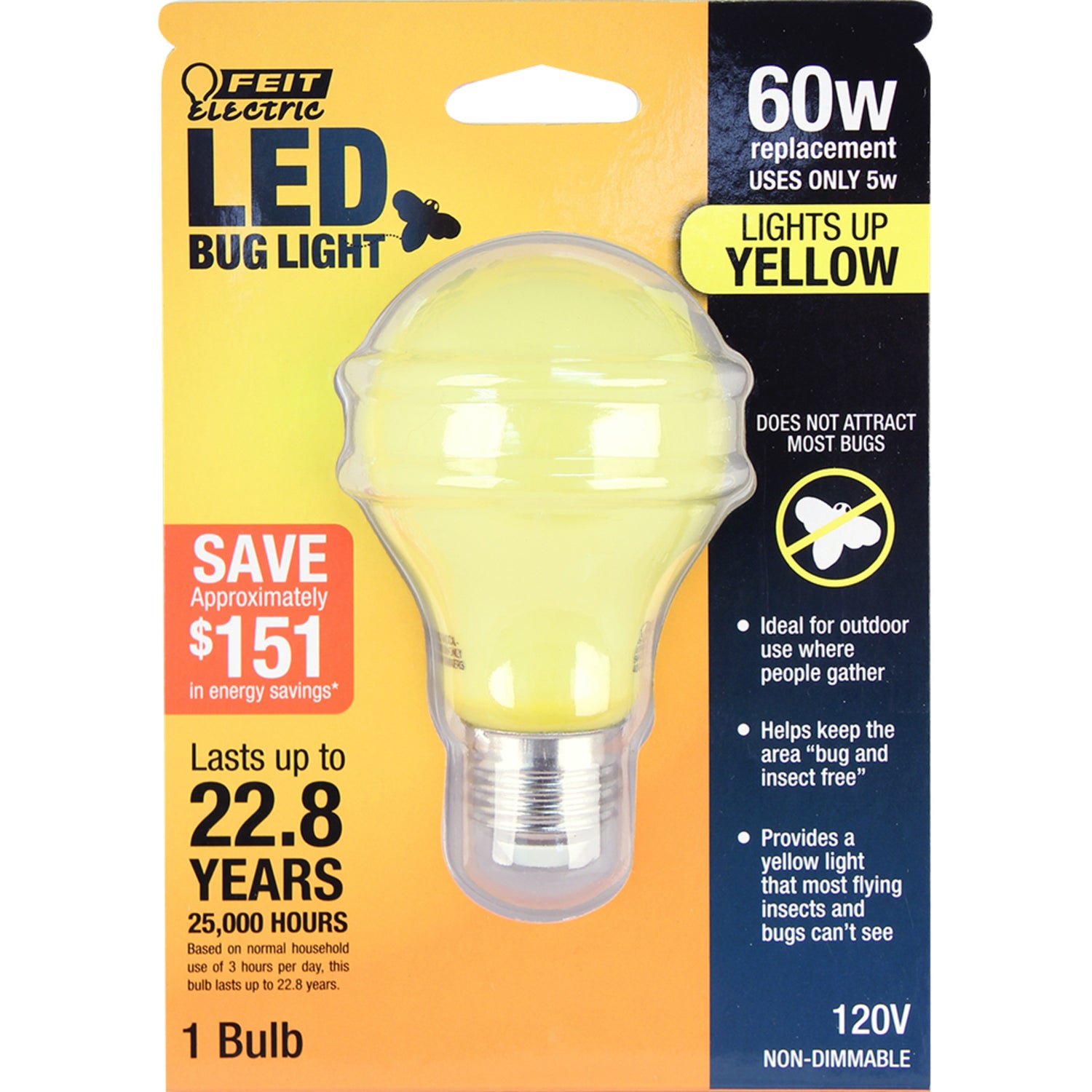 5W (60W Equivalent) A19 E26 Base Yellow LED Bug Light