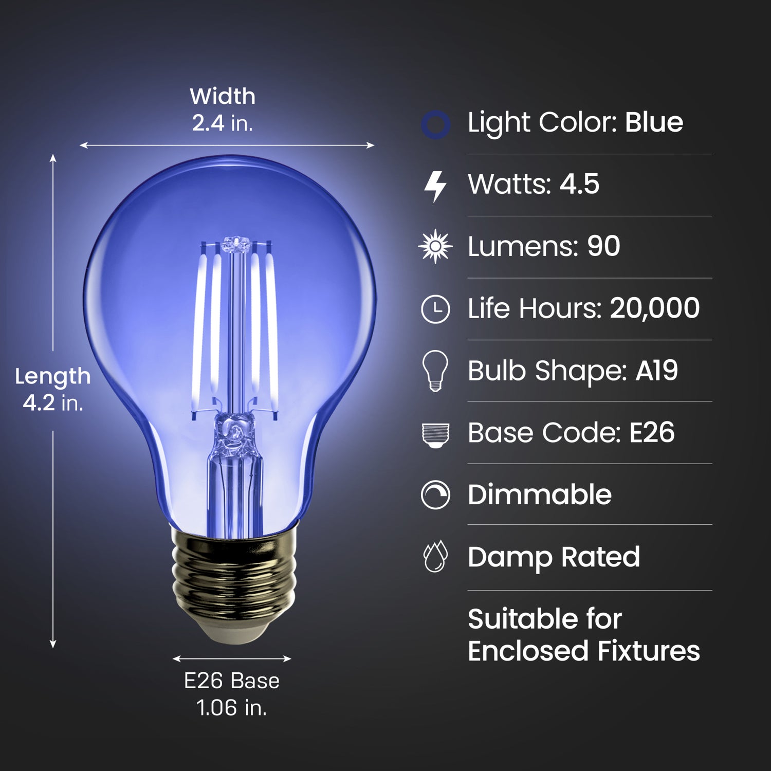 4.5W A19 Blue LED Filament Light Bulb