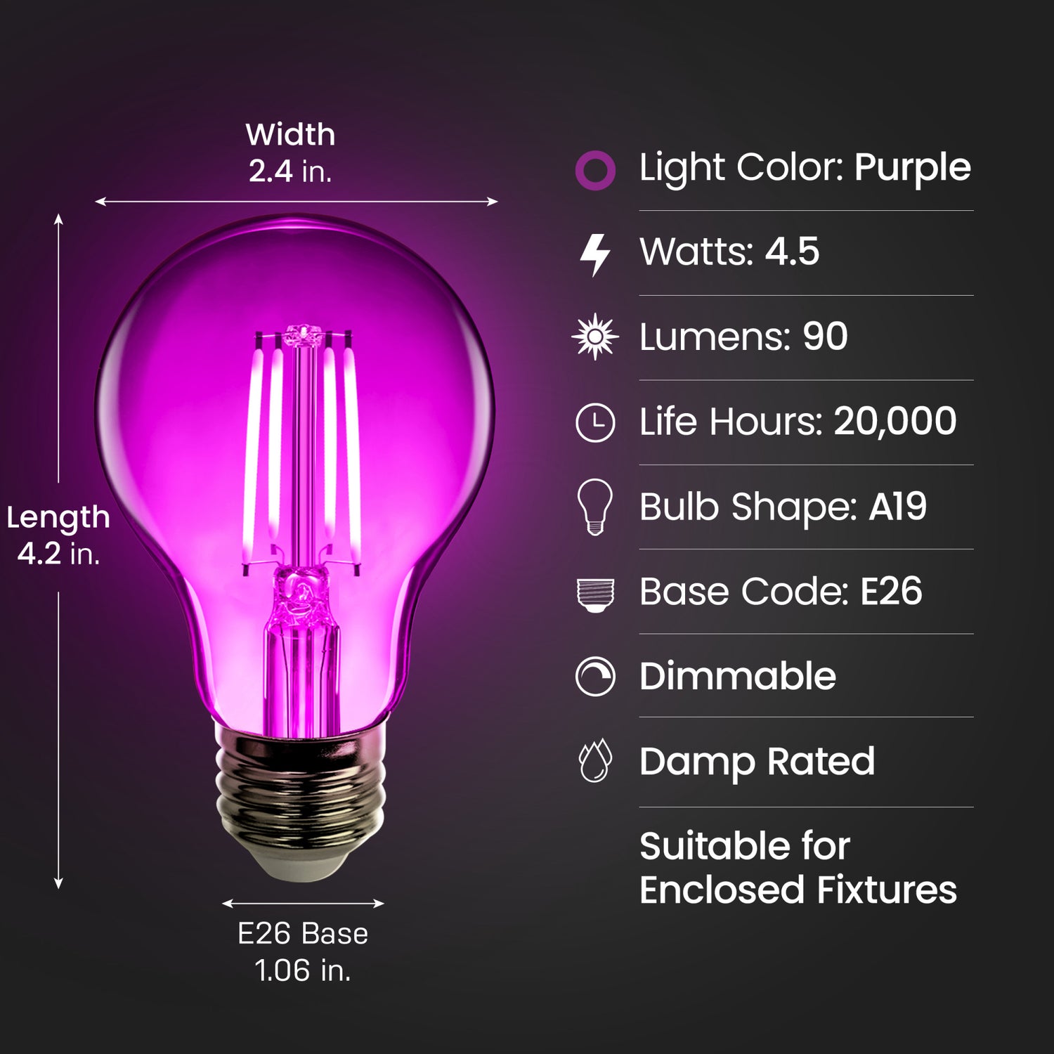 Clear Glass Purple A19 Dimmable LED Filament Light Bulb