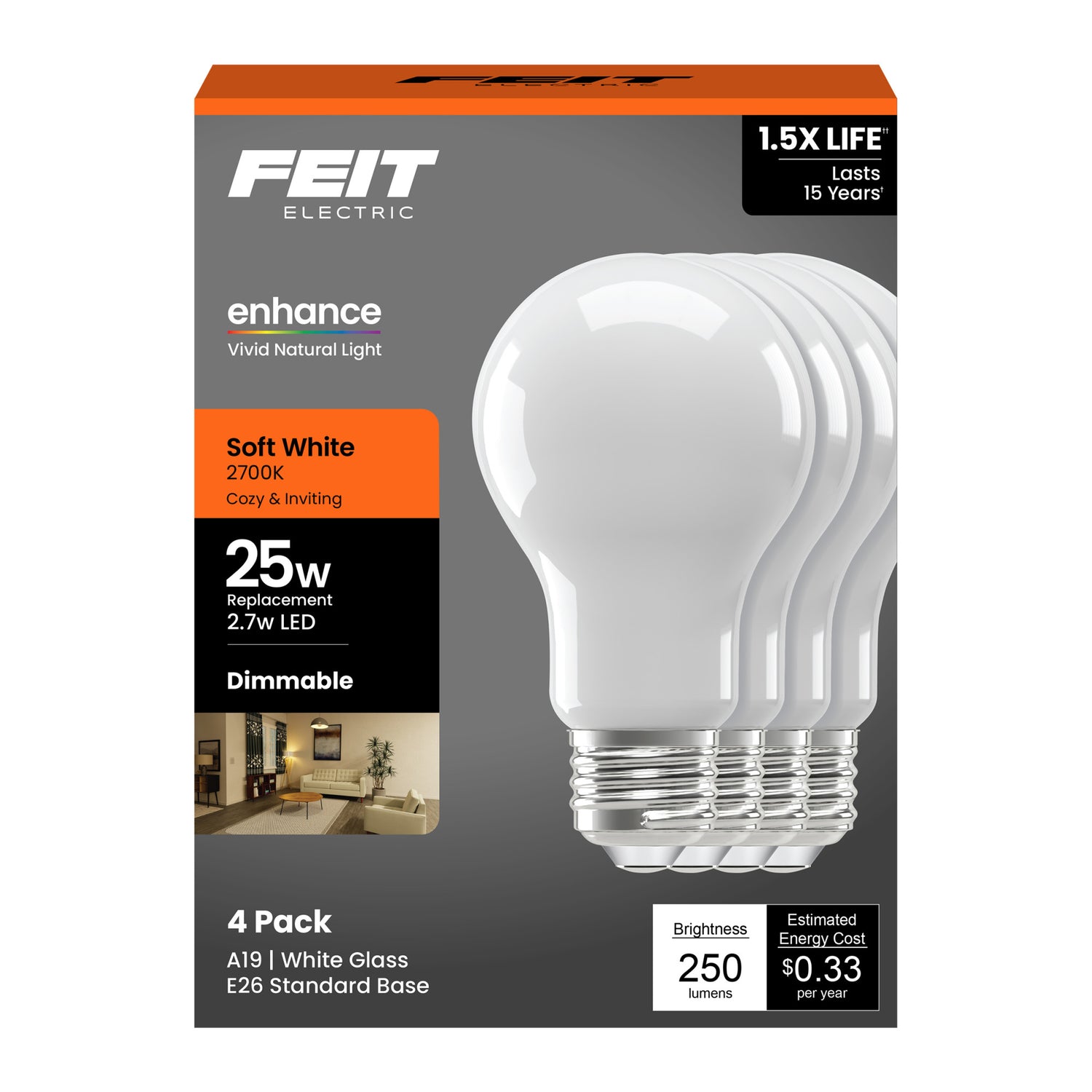 2.7W (25W Replacement) Soft White (2700K) A19 Medium E26 Base Enhance Dimmable General Purpose LED Light Bulb (4-Pack)