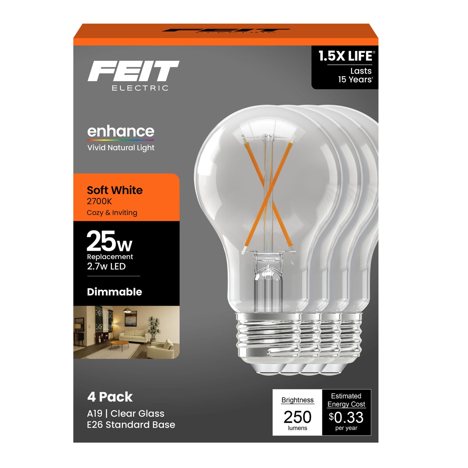 2.7W (25W Replacement) Soft White (2700K) A19 Medium E26 Base Enhance Dimmable Clear General Purpose LED Light Bulb (4-Pack)