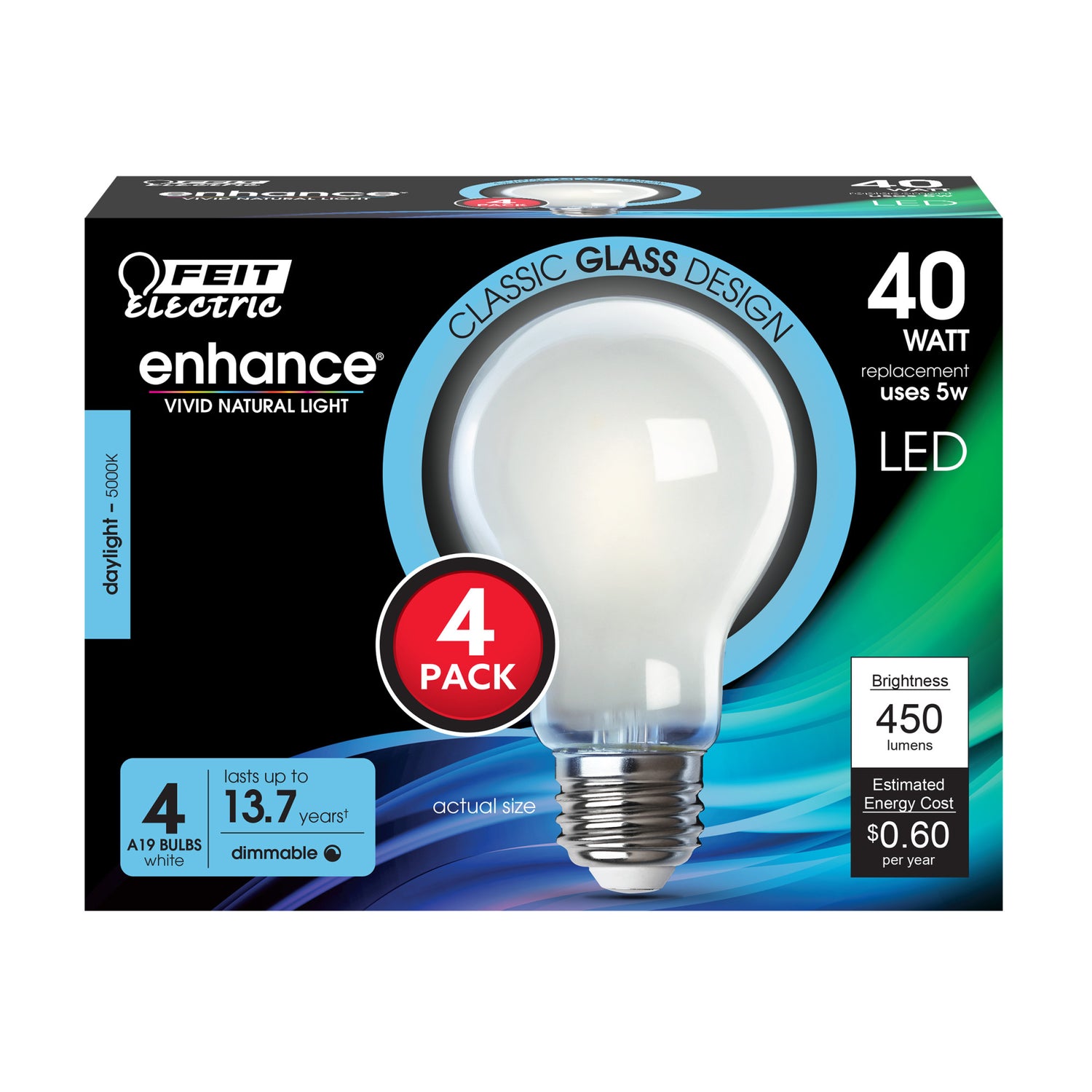 5W (40W Replacement) Daylight (5000K) A19 (E26 Base) Frosted White Enhance Dimmable Glass Filament General Purpose LED Light Bulb (4-Pack)