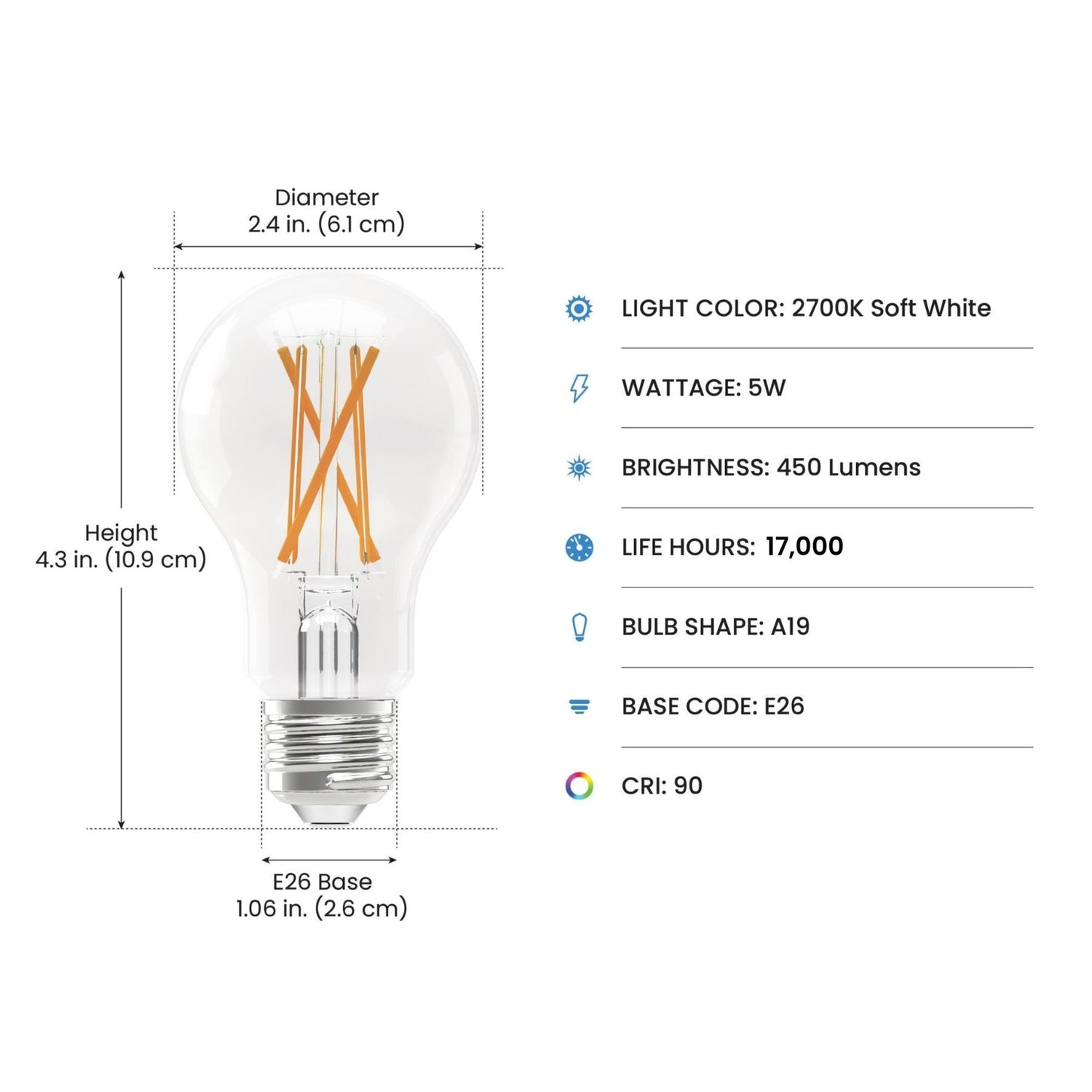 5W (40W Replacement) Soft White (2700K) A19 (E26 Base) Filament LED Light Bulb (4-Pack)