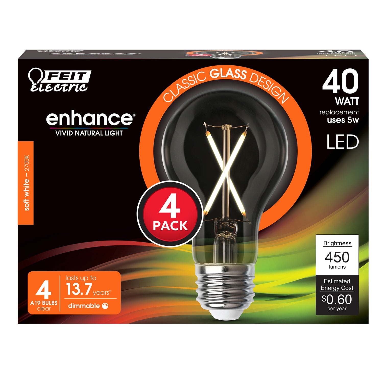 5W (40W Replacement) Soft White (2700K) A19 (E26 Base) Filament LED Light Bulb (4-Pack)