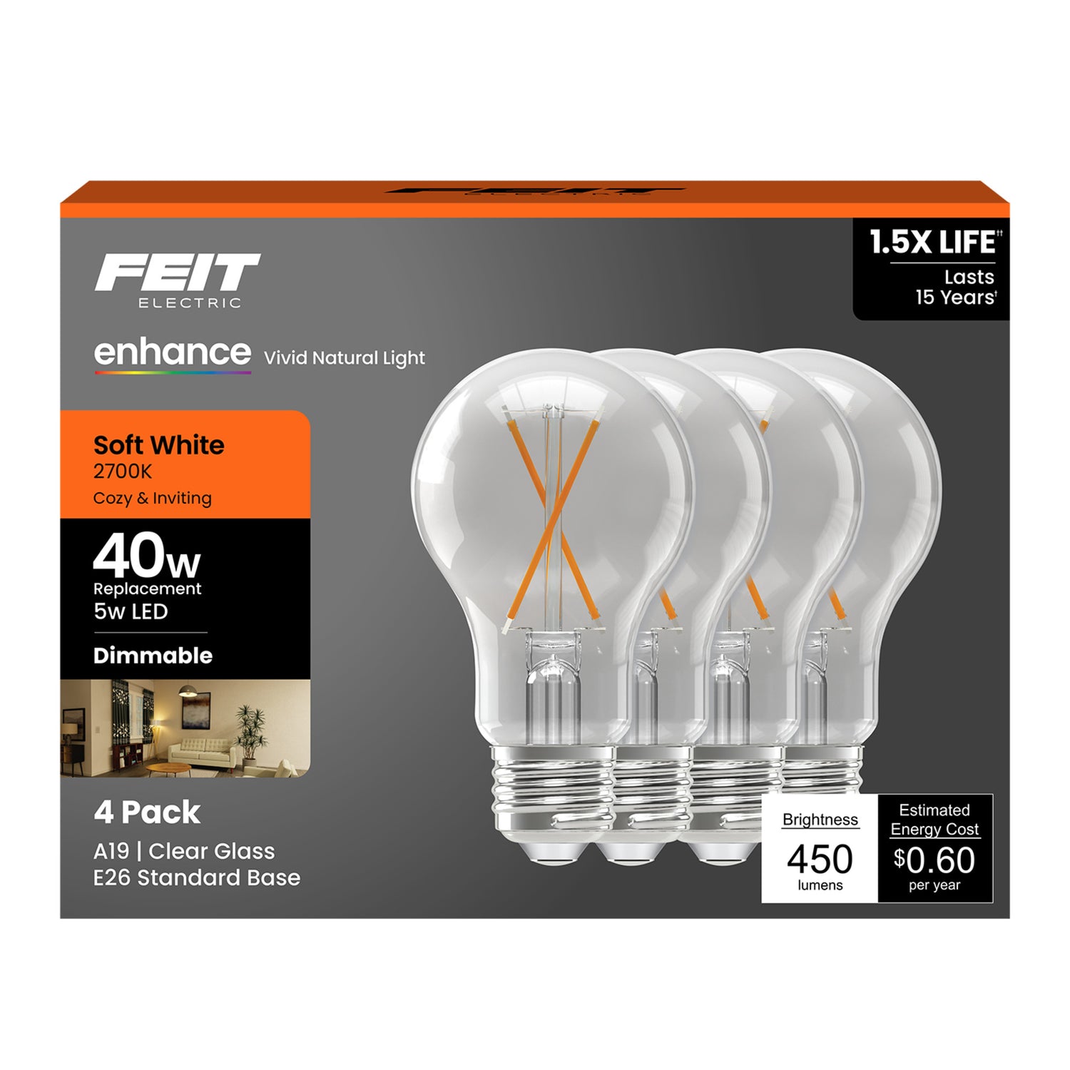 5W (40W Replacement) Soft White (2700K) A19 Medium E26 Enhance Dimmable Clear General Purpose LED Light Bulb (4-Pack)