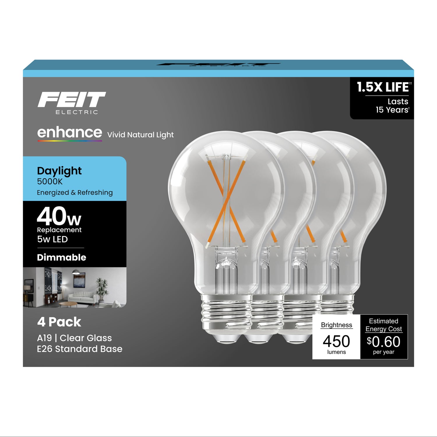 5W (40W Replacement) Daylight (5000K) Medium E26 Base A19 Enhance Dimmable Clear General Purpose LED Light Bulb (4-Pack)