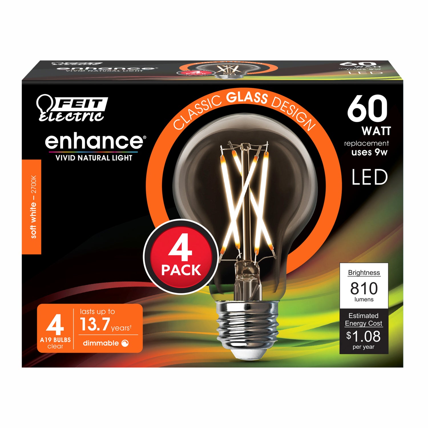 9W (60W Replacement) Soft White (2700K) A19 Shape (E26 Base) Filament LED Light Bulb (4-Pack)