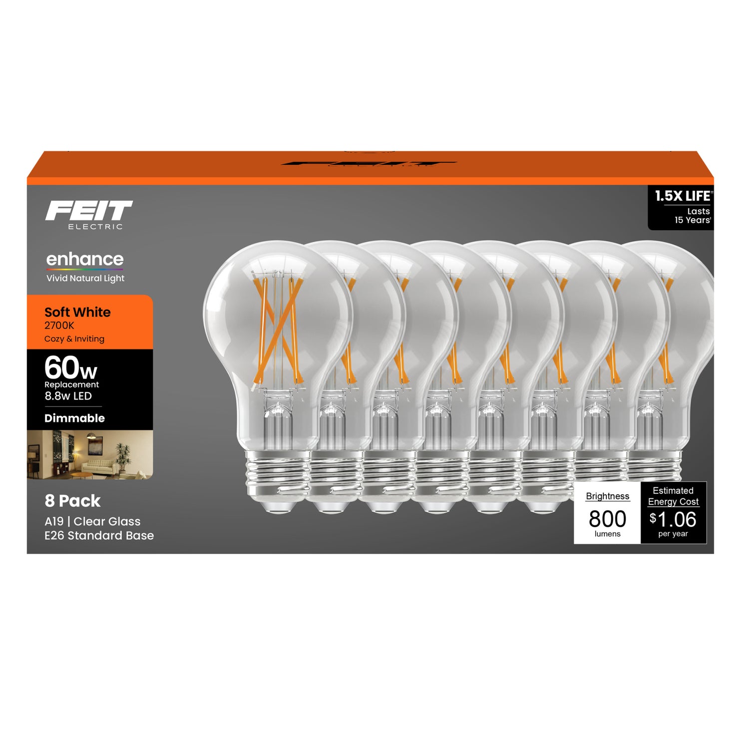 8.8W (60W Replacement) Soft White (2700K) E26 Base A19 Enhance Filament LED Light Bulb (8-Pack)