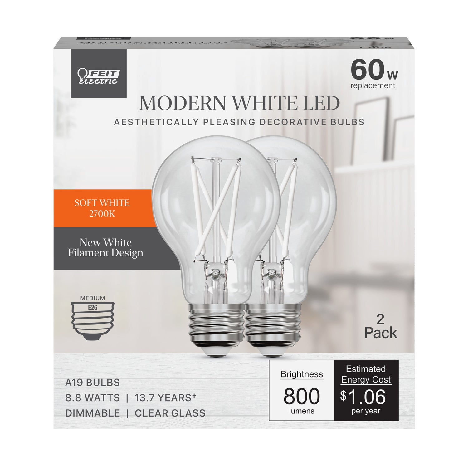 8.8W (60W Equivalent) Soft White (2700K) A19 (E26 Medium Base) Dimmable Exposed White Filament LED Light Bulb (2-Pack)