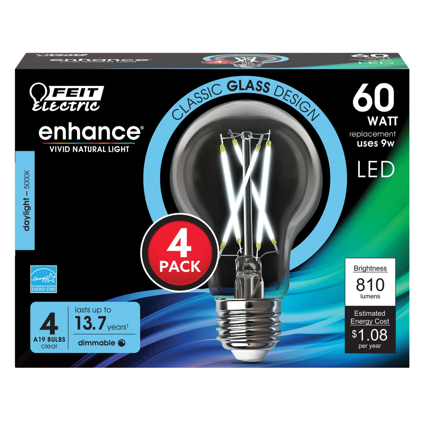 9W (60W Replacement) Daylight (5000K) A19 Shape (E26 Base) Filament LED Light Bulb (4-Pack)