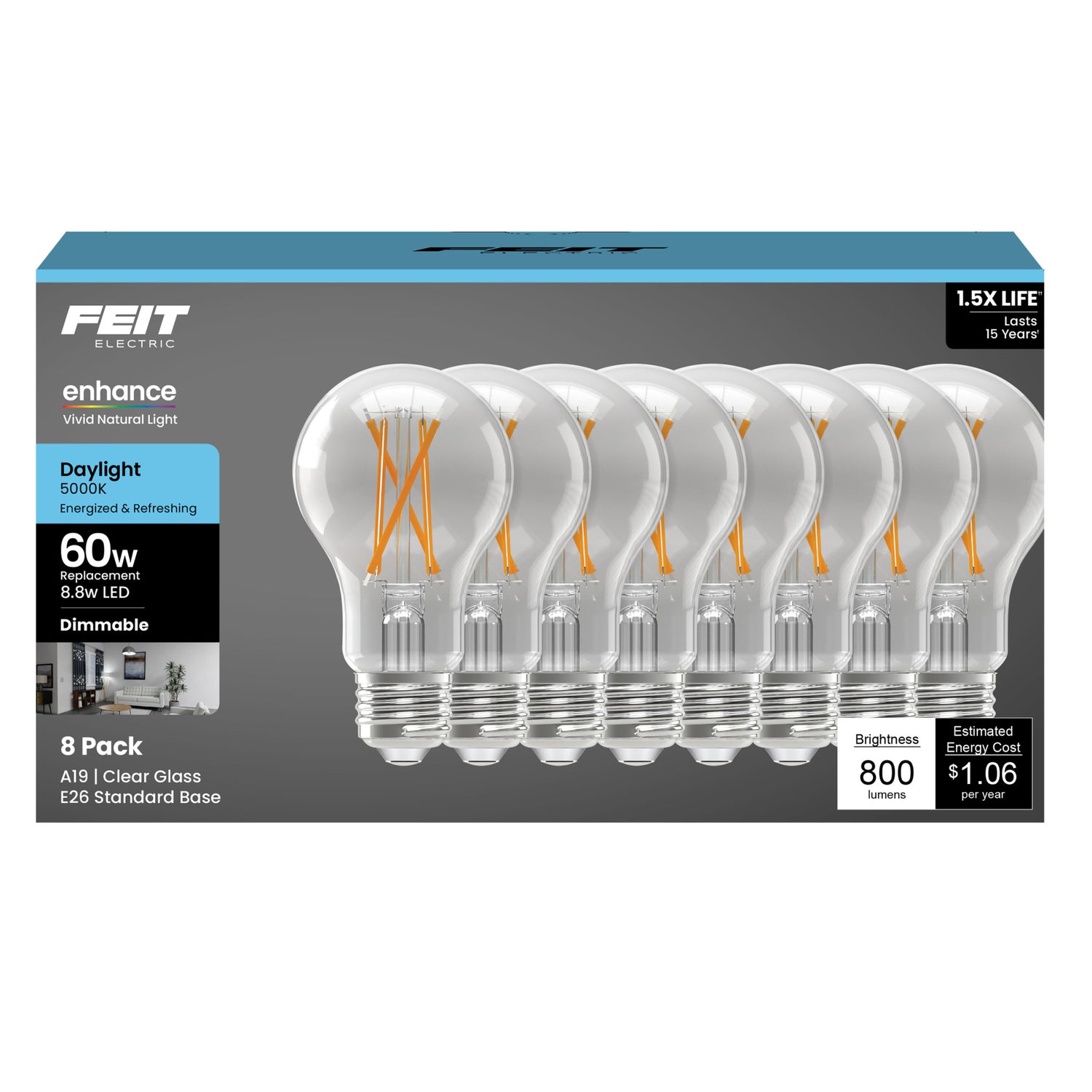 8.8W (60W Replacement) Daylight (5000K) E26 Base A19 Enhance Filament LED Light Bulb (8-Pack)