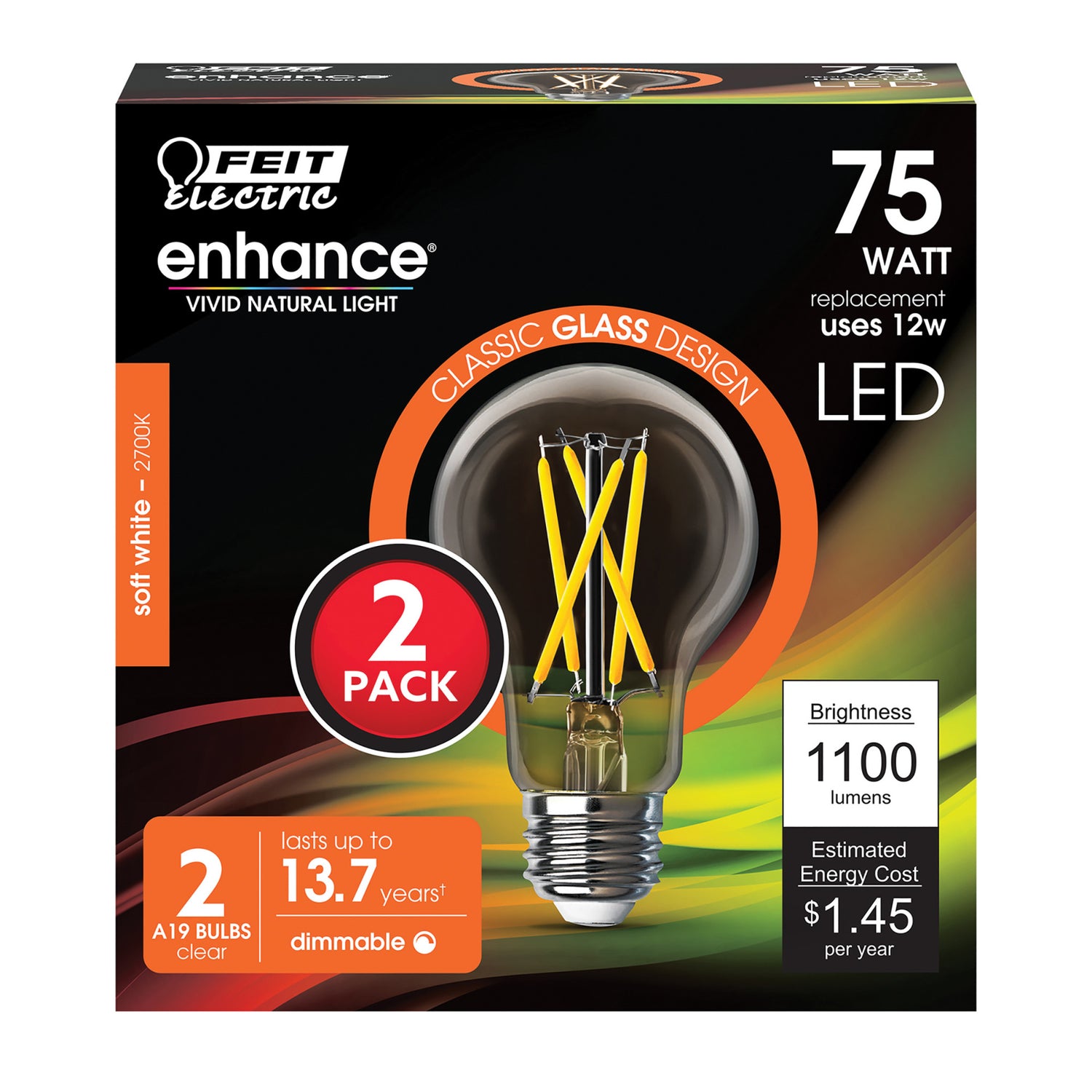 12W (75W Replacement) Soft White (2700K) A19 (E26 Base) Dimmable Clear Glass Enhance LED Filament Light Bulb (2-Pack)