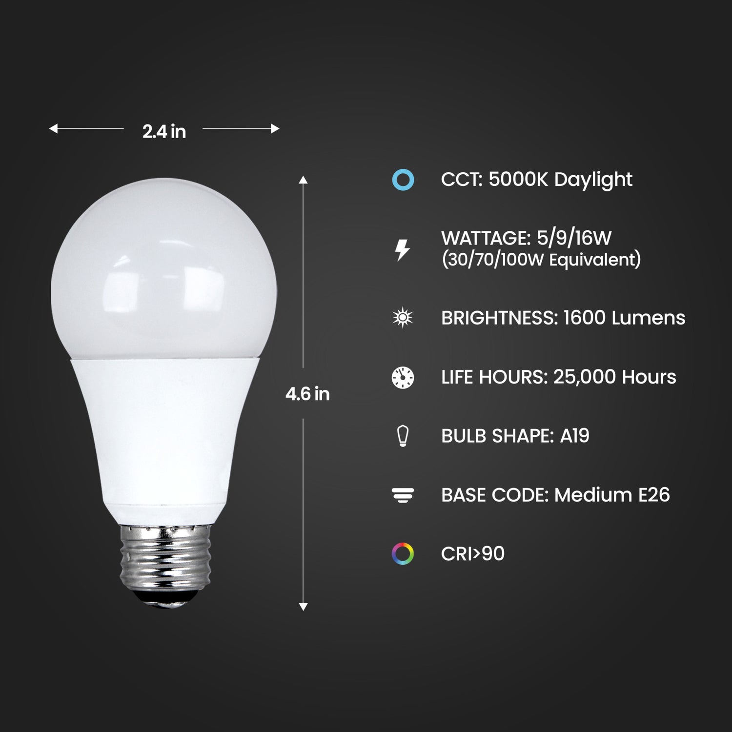 5/10/16W (30/70/100W Replacement) Daylight (5000K) A19 E26 Base 3-Way Enhance LED Light Bulb