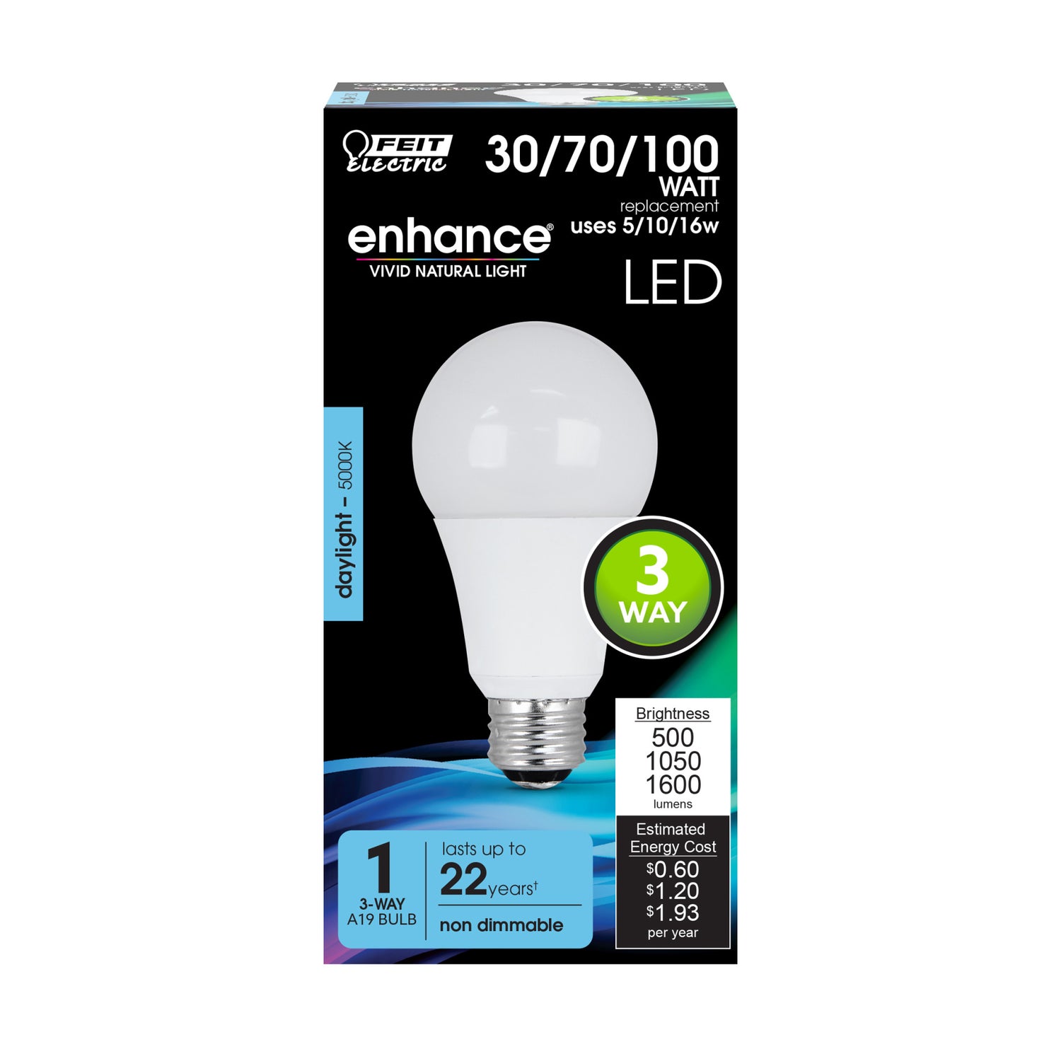 5/10/16W (30/70/100W Replacement) Daylight (5000K) A19 E26 Base 3-Way Enhance LED Light Bulb