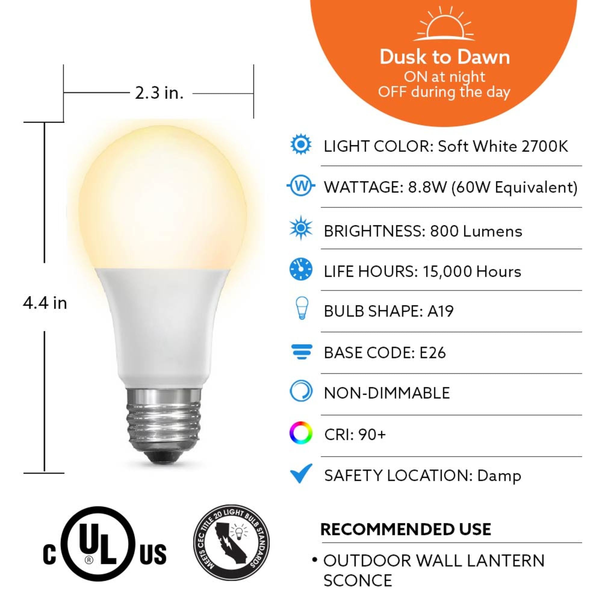 8.8W 60W Replacement Soft White 2700K E26 Base A19 Dusk to Dawn LE