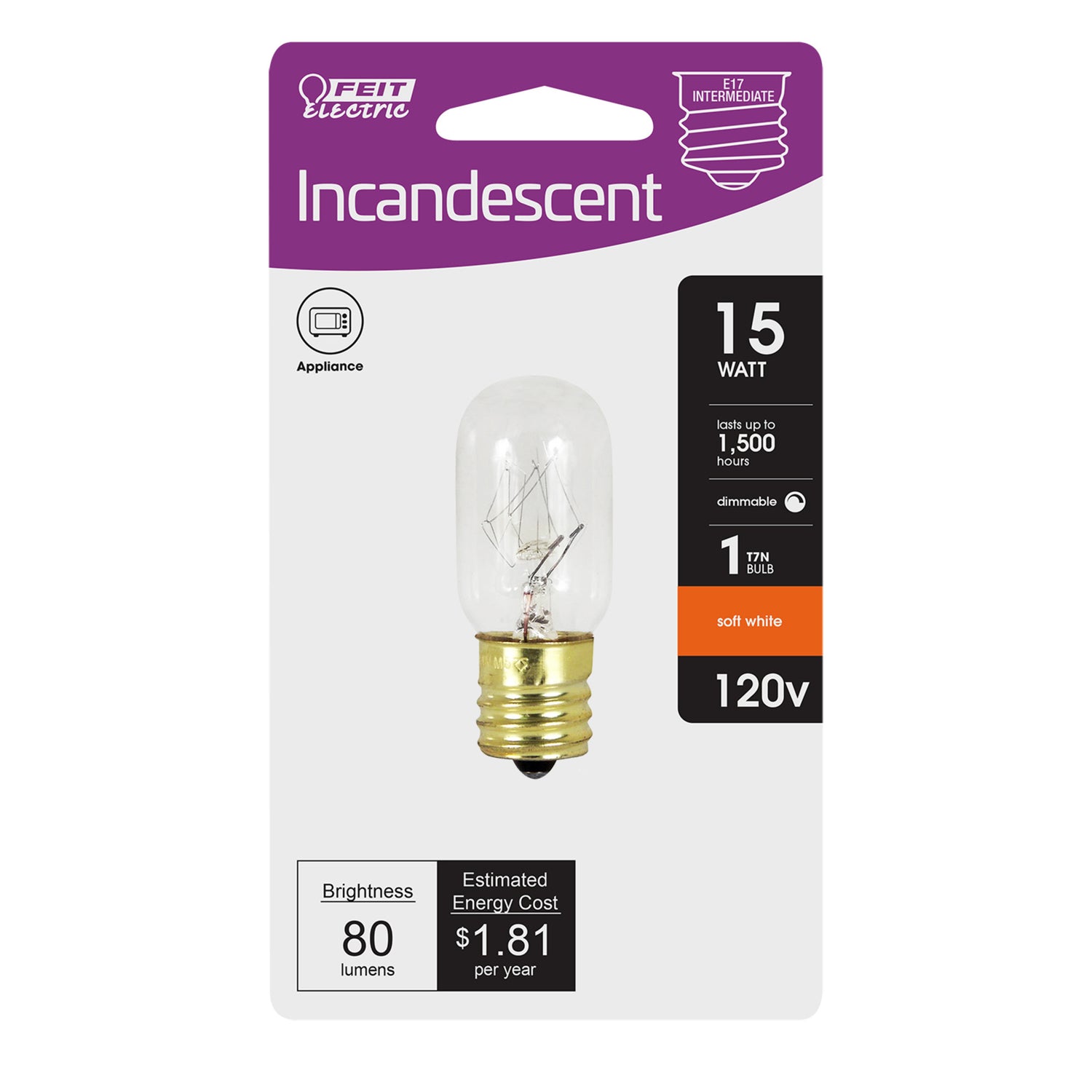 15W Soft White (2700K) T7 E17 Base Dimmable Incandescent Bulb