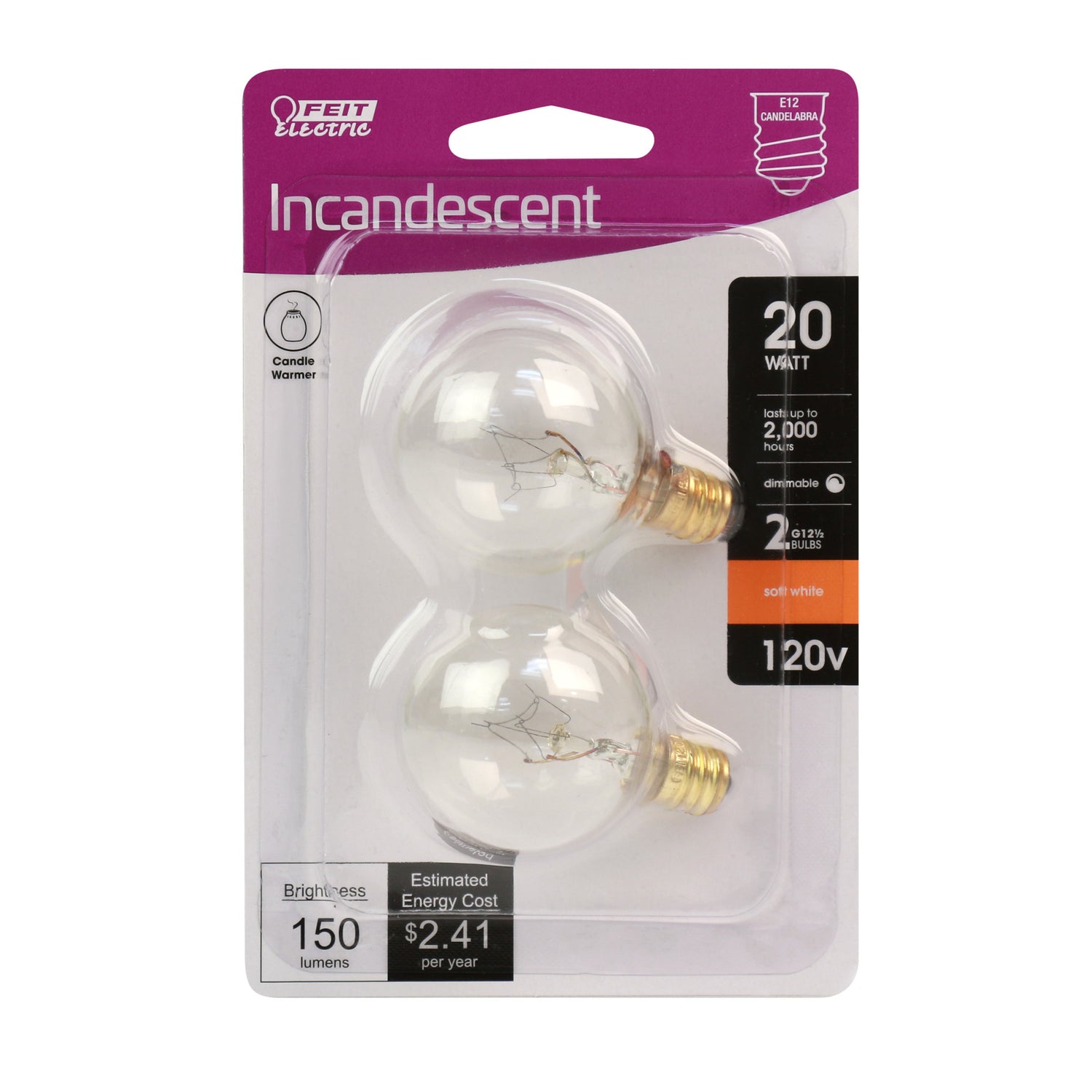 20W Soft White (2700K) E12 Base G12 1/2 Globe Incandescent Bulb (2-Pack)