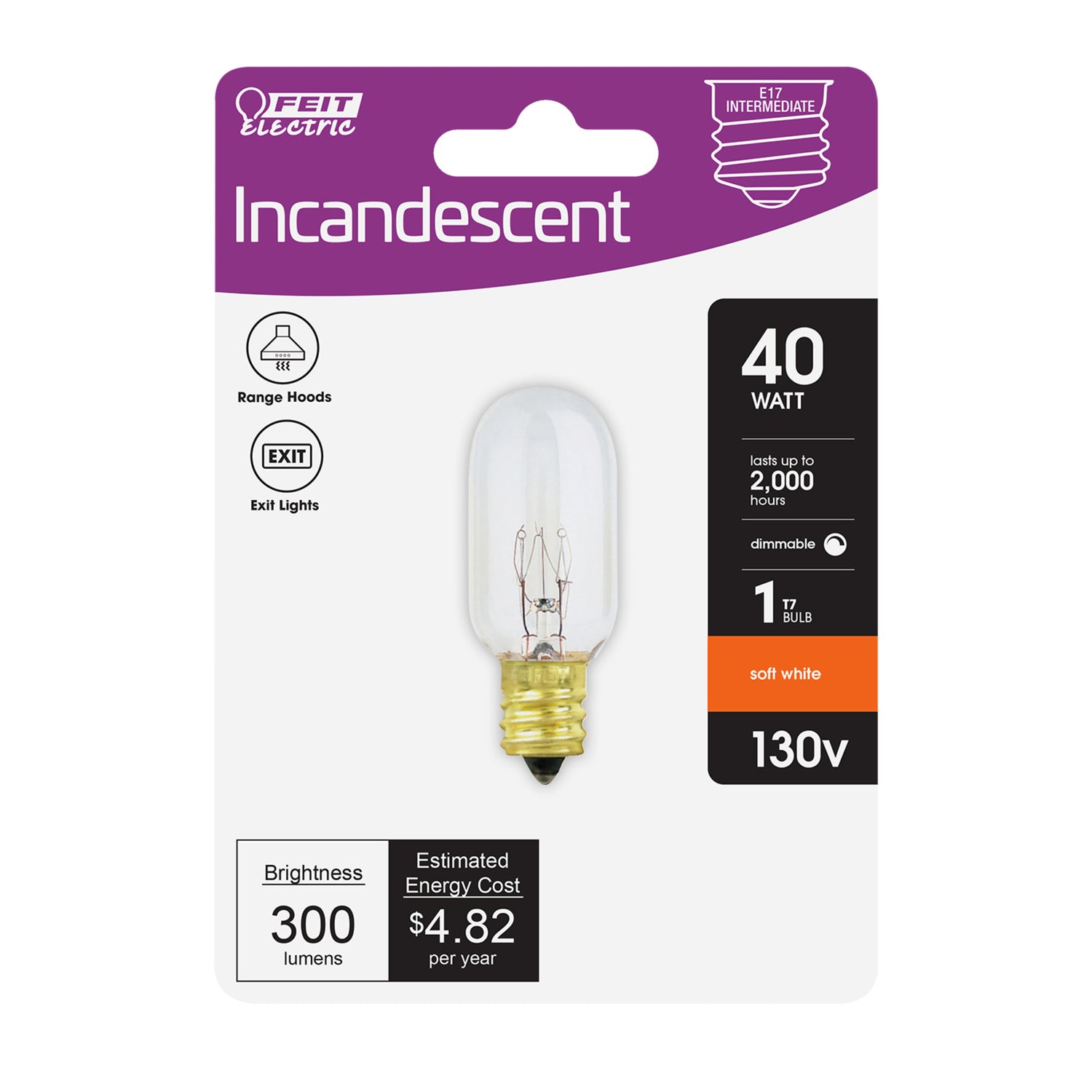 40W Soft White (2700K) Clear E17 Base T7 Dimmable Incandescent Sign and Appliance Light Bulb