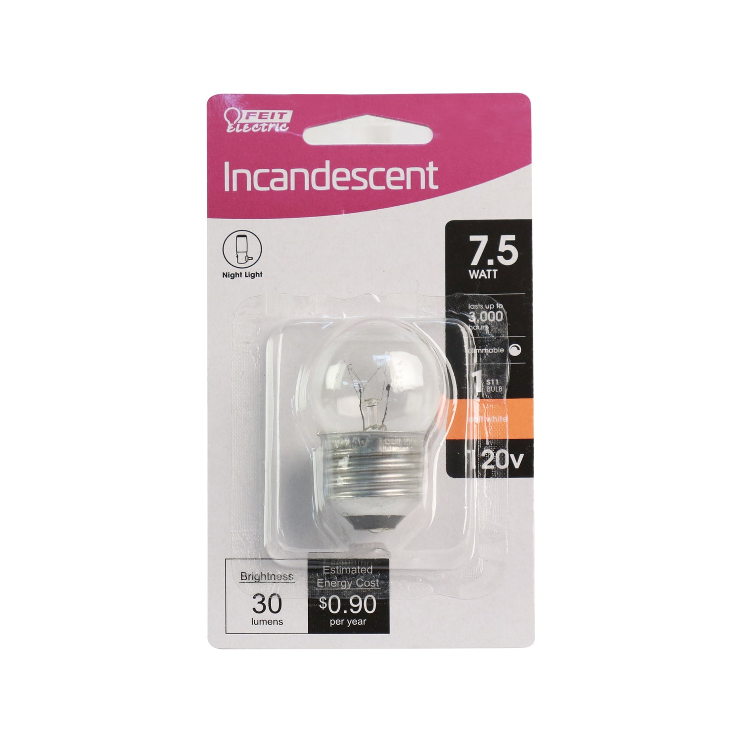 7.5W Soft White (2700K) S11 120V (E26 Base) Clear Incandescent Light Bulb