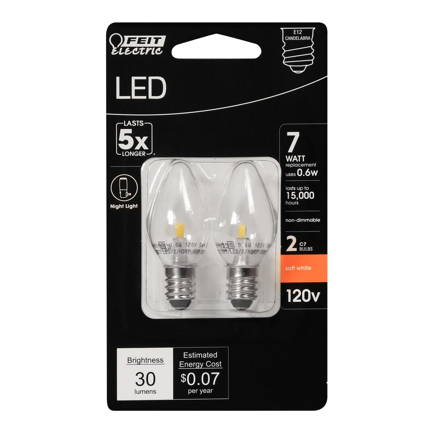 0.6W (7W Replacement) Soft White (2700K) C7 Special Use LED Light Bulb (2-Pack)