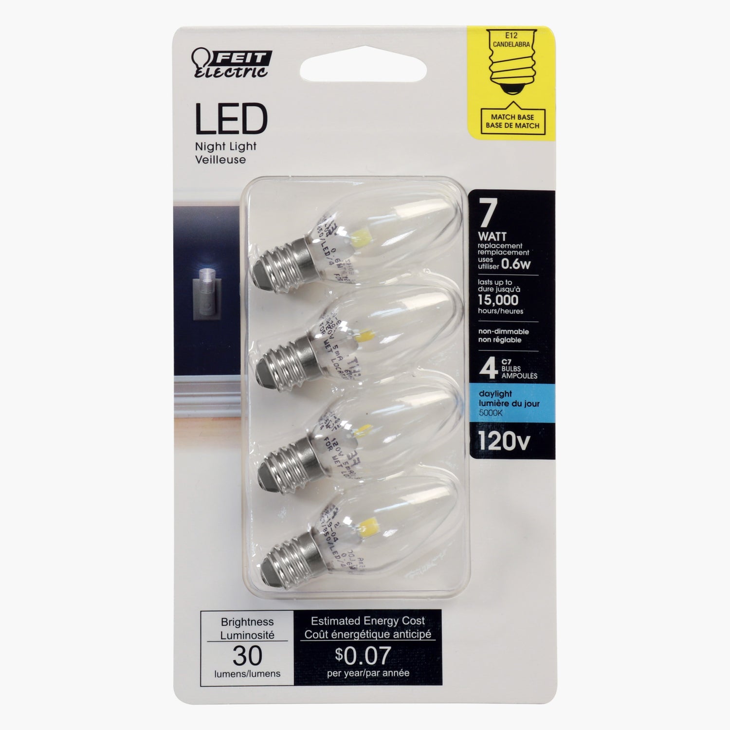 0.6W (7W Replacement) Daylight (5000K) C7 Special Use LED Light Bulb (4-Pack)