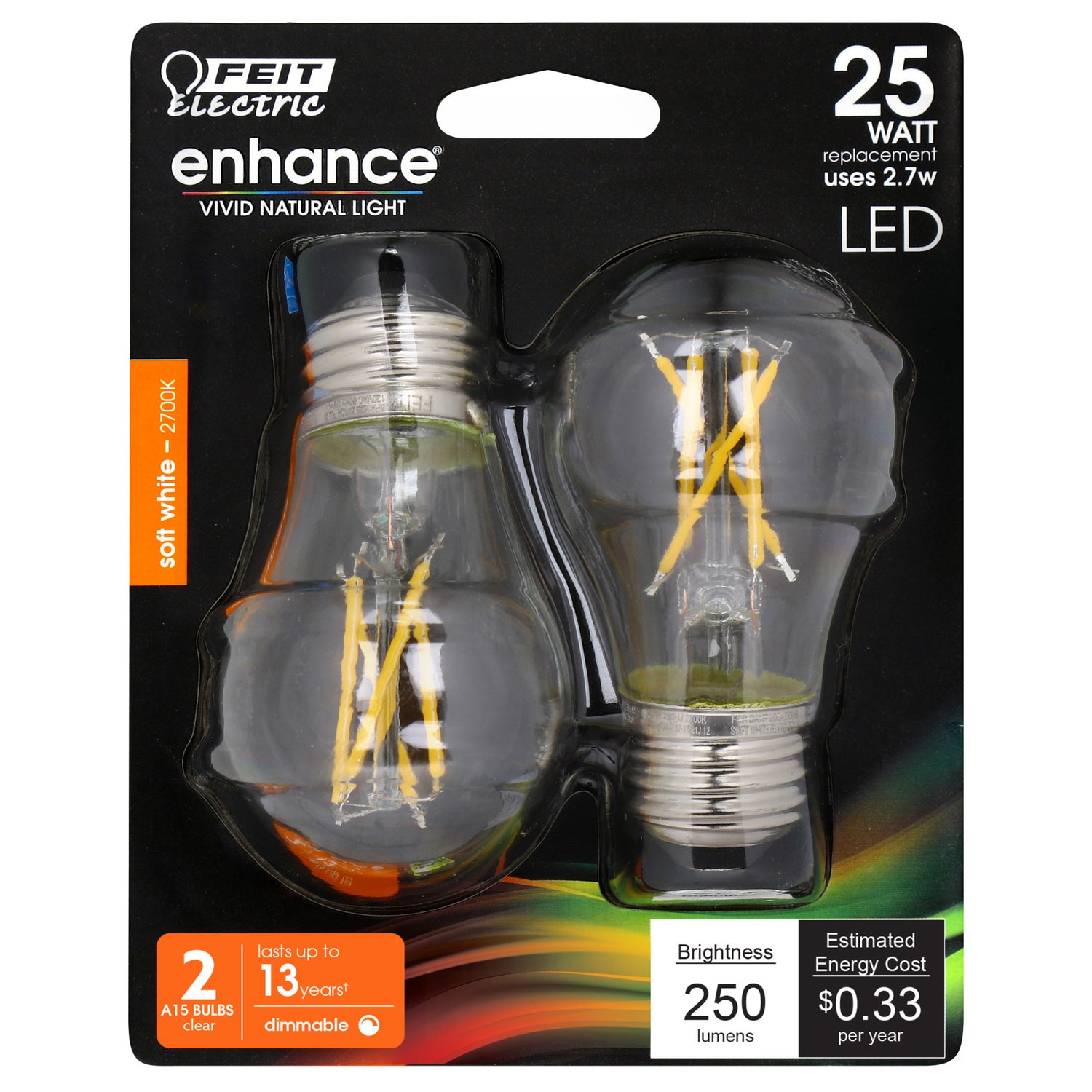 2.7W (25W Replacement) Soft White (2700K) E26 Base A15 Dimmable Clear Filament LED Bulb (2-Pack)