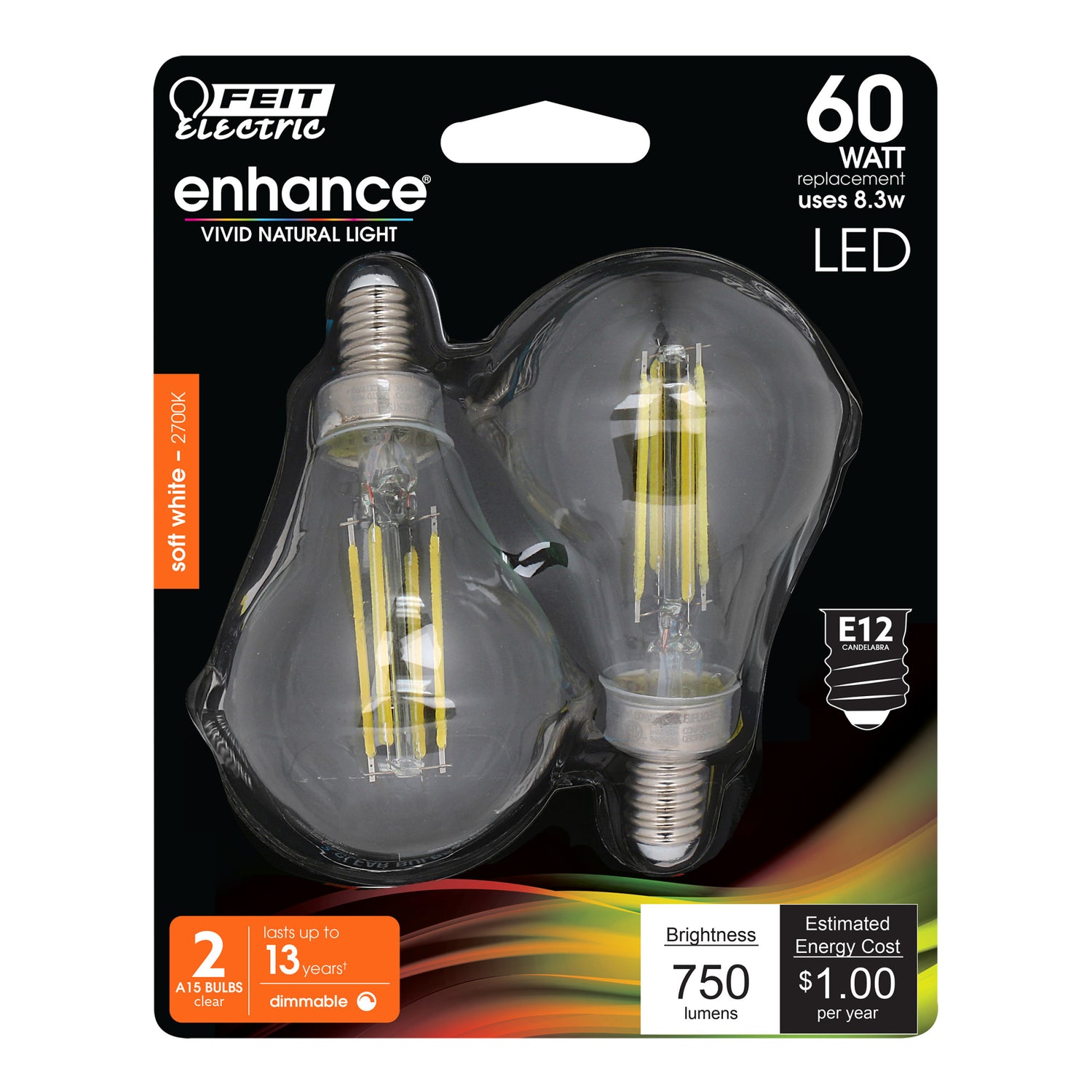 8.3W (60W Replacement)  Soft White (2700K) A15 E12 Base Filament LED (2-Pack)