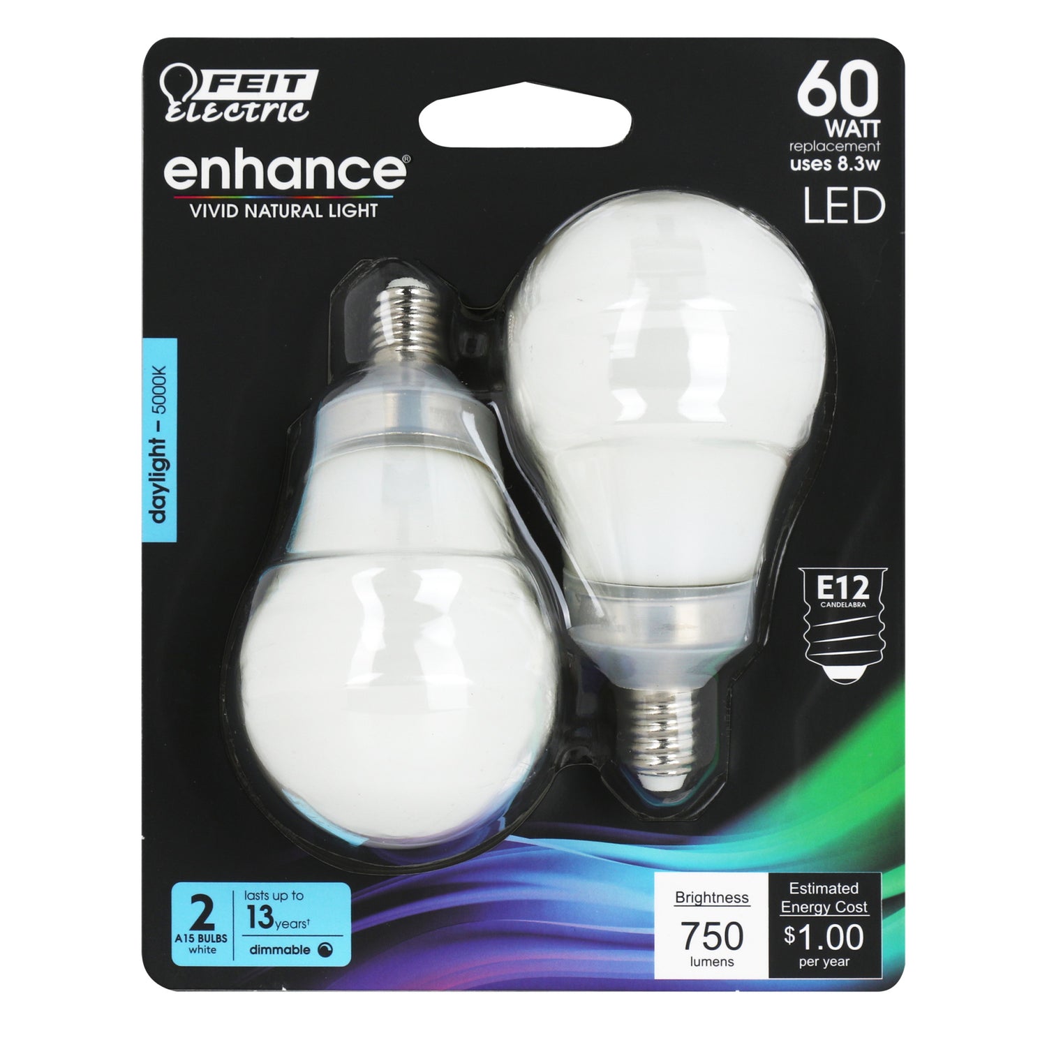 8.3W (60W Replacement) Daylight (5000K) A15 Candelabra Base Dimmable Glass Filament Enhance LED Bulb (2-Pack)