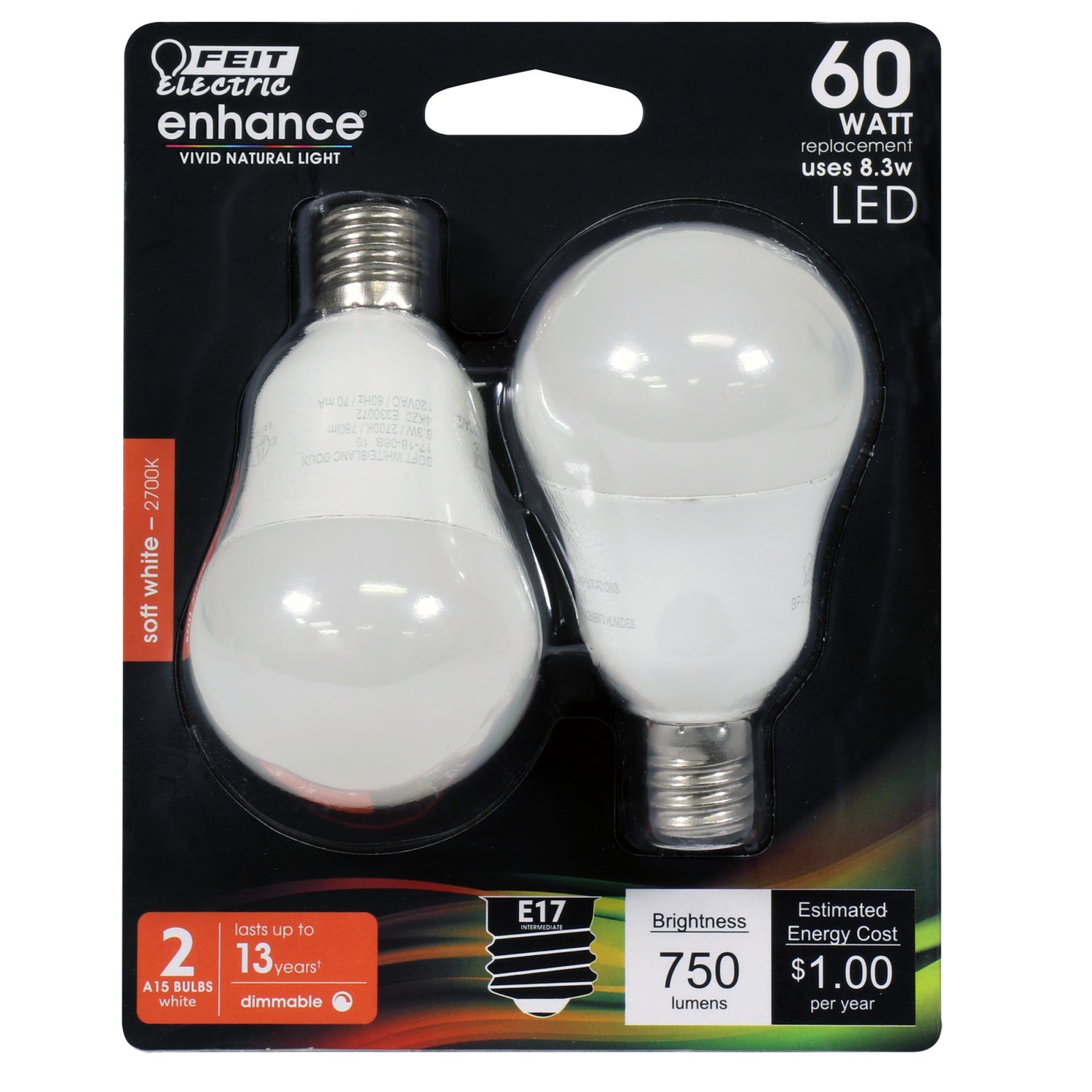 8.3W (60W Replacement) Soft White (2700K) E17 Base A15 Dimmable Enhance LED Bulb (2-Pack)