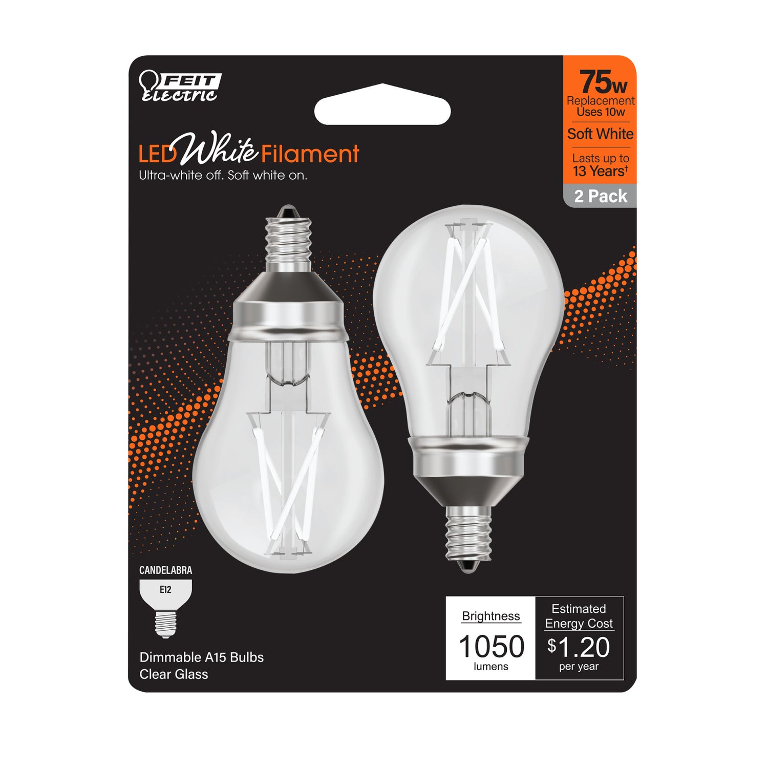 8W (75W Equivalent) Soft White (2700K) A15 E12 Base Exposed White Filament LED Light Bulb (2-Pack)