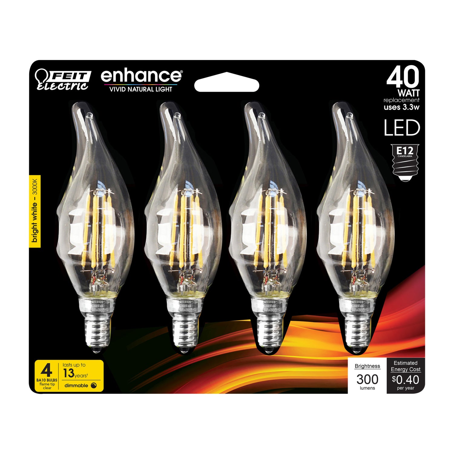 3.3W (40W Replacement) Bright White (3000K) E12 Base BA10 Flame Tip Filament LED (4-Pack)