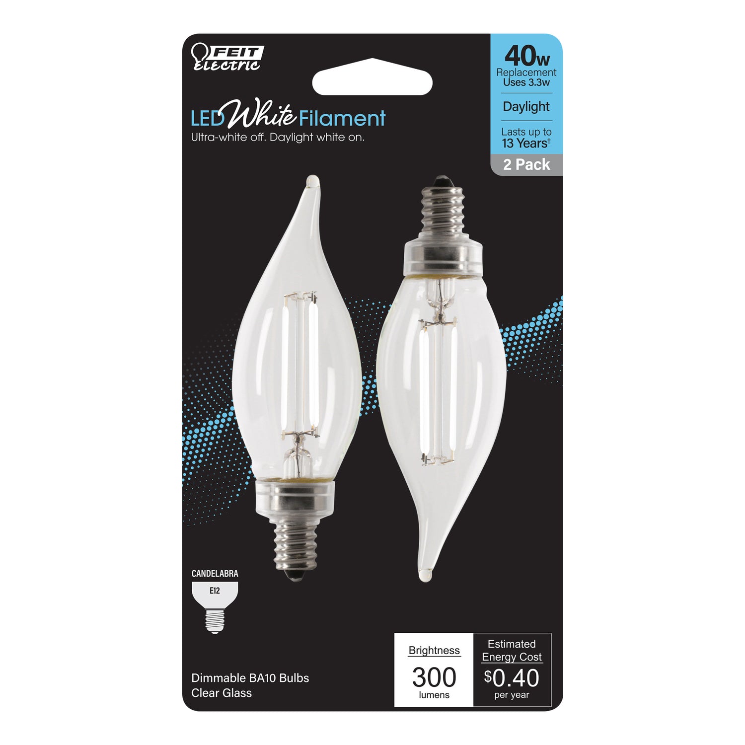 3.3W (40W Equivalent) Daylight White (5000K) BA10 (E12 Base) Flame Tip Exposed White Filament LED Bulb (2-Pack)