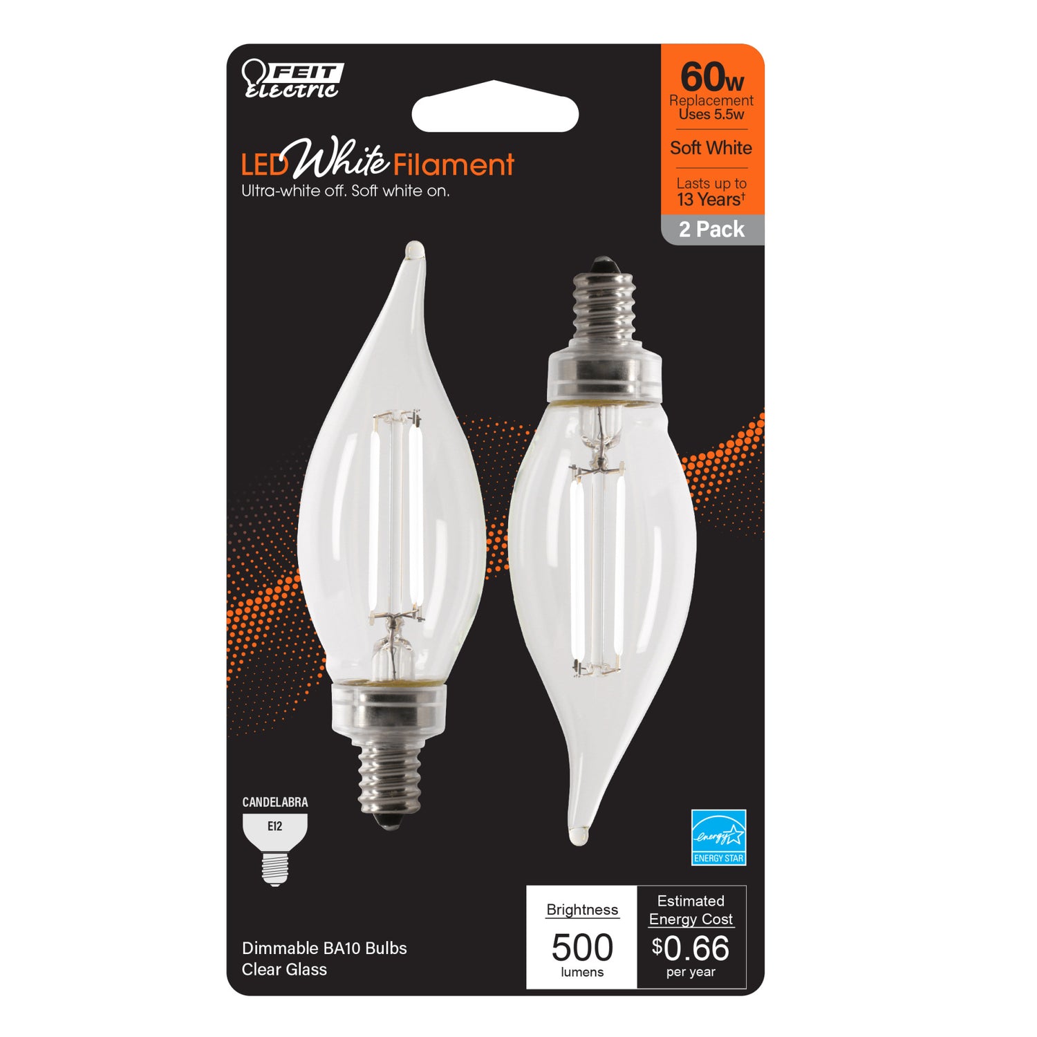 5.5W (60W Equivalent) Soft White (2700K) BA10 Shape (E12 Base) LED Flame Tip Exposed White Filament Bulb (2-Pack)