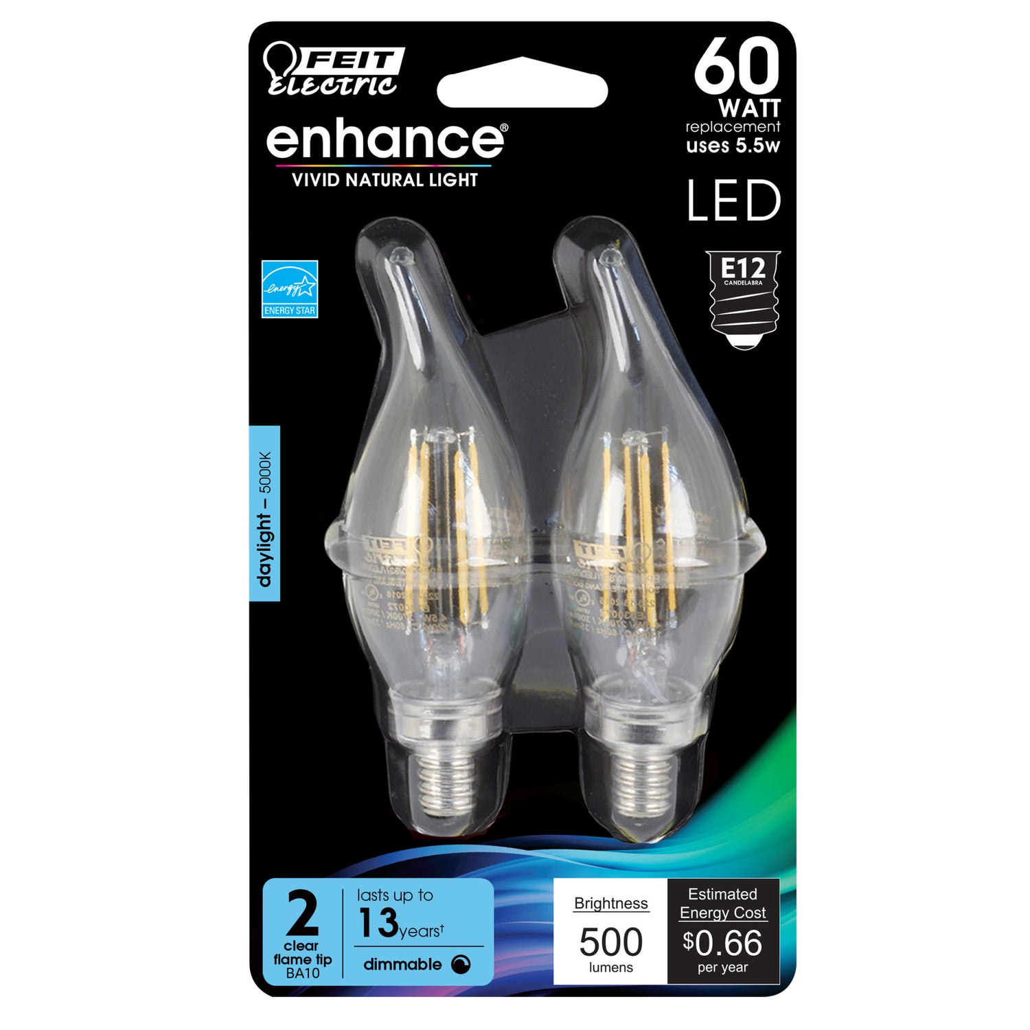 60W Replacement Clear Flame Tip Filament LED (2-Pack)